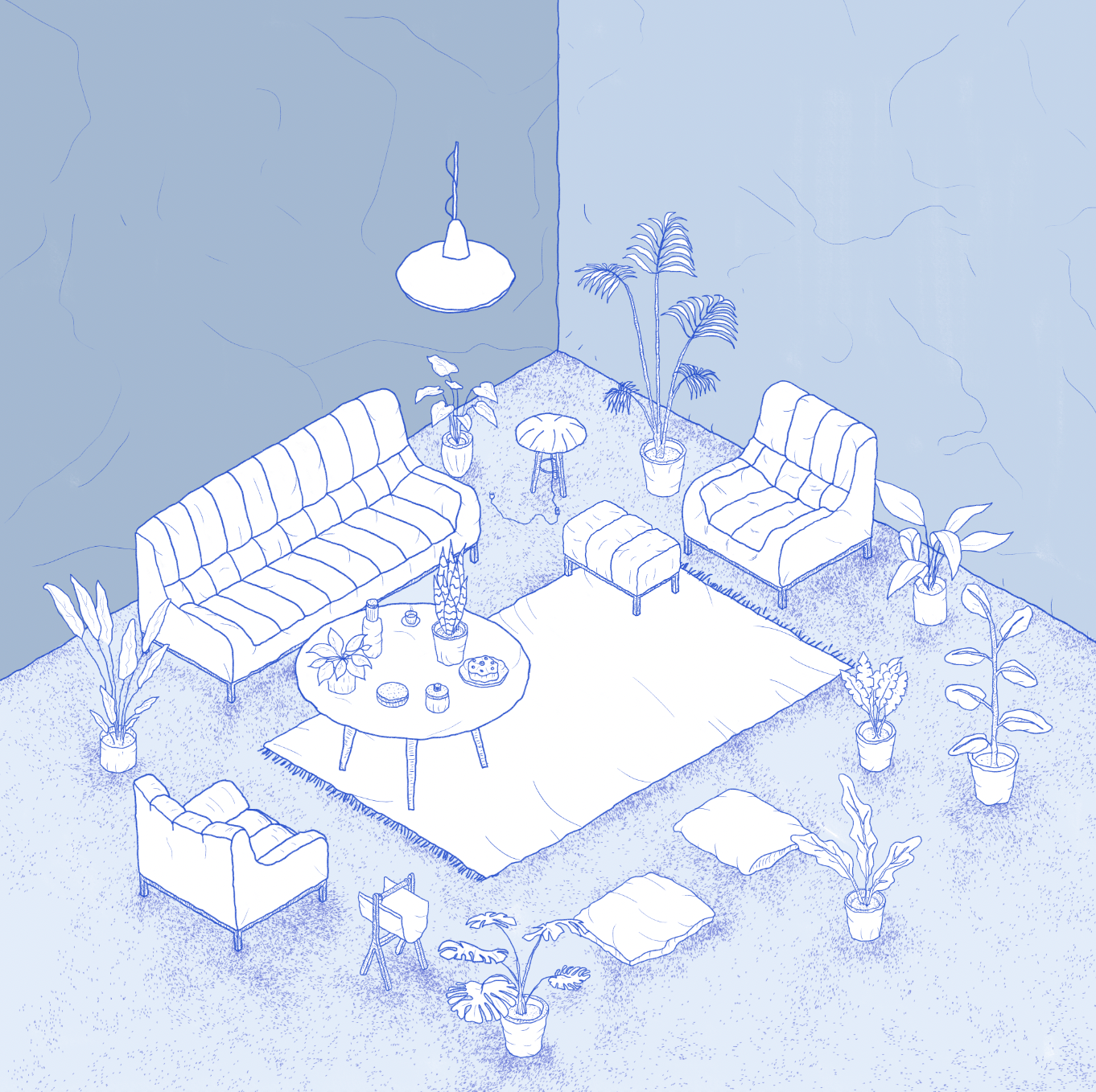 Hand-drawn isometric illustration of a cozy living room interior with sofas, coffee table, indoor plants, and rugs in monochrome blue tones.