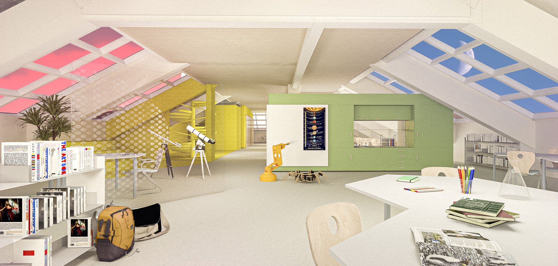Interior rendering showing a vibrant yellow and green science lab space with robotics-themed graphics and natural partitions