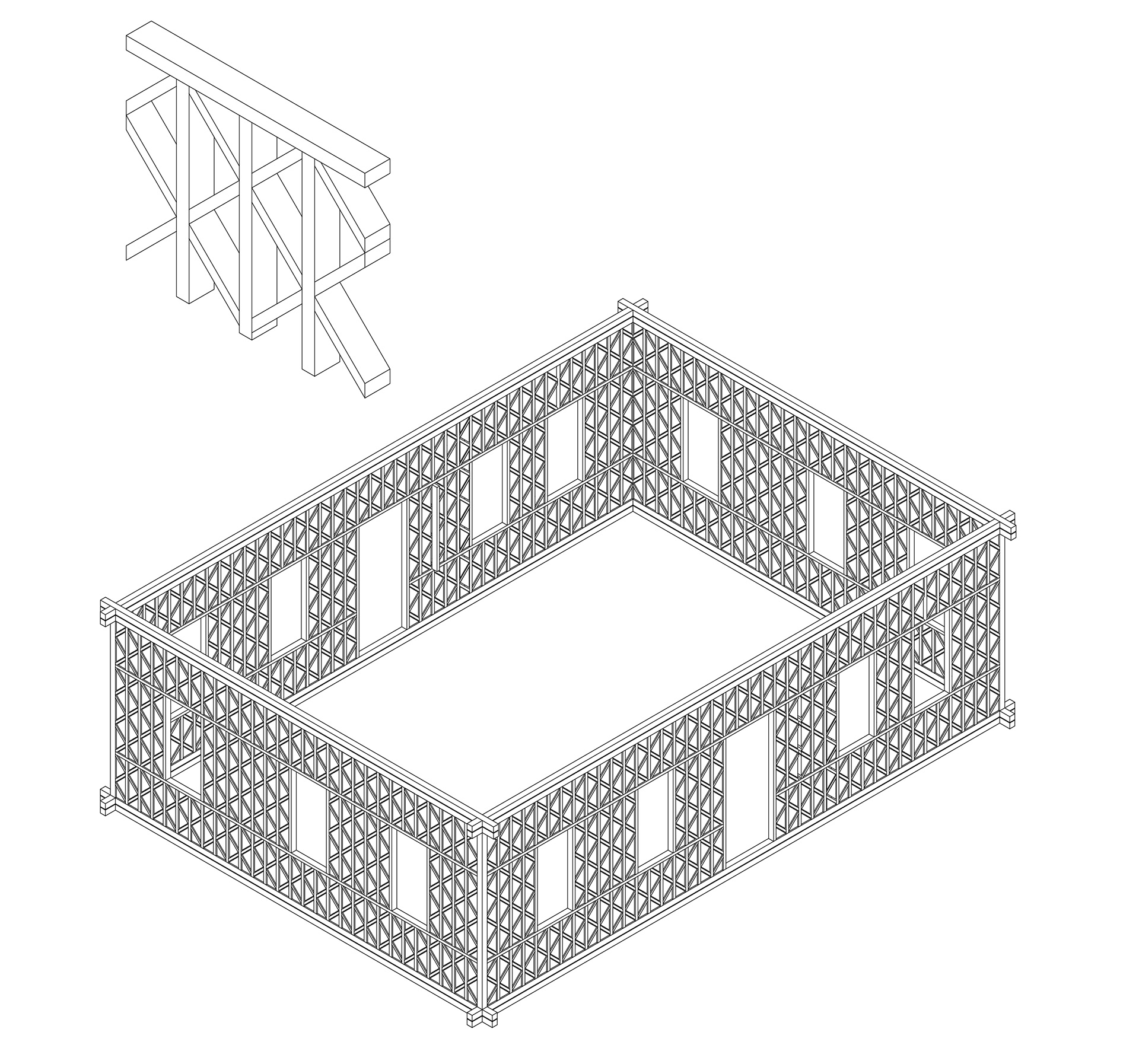 Axonometric drawing of a vernacular timber wall system featuring diagonal infill elements forming repetitive X-shapes, known as the amulet pattern.