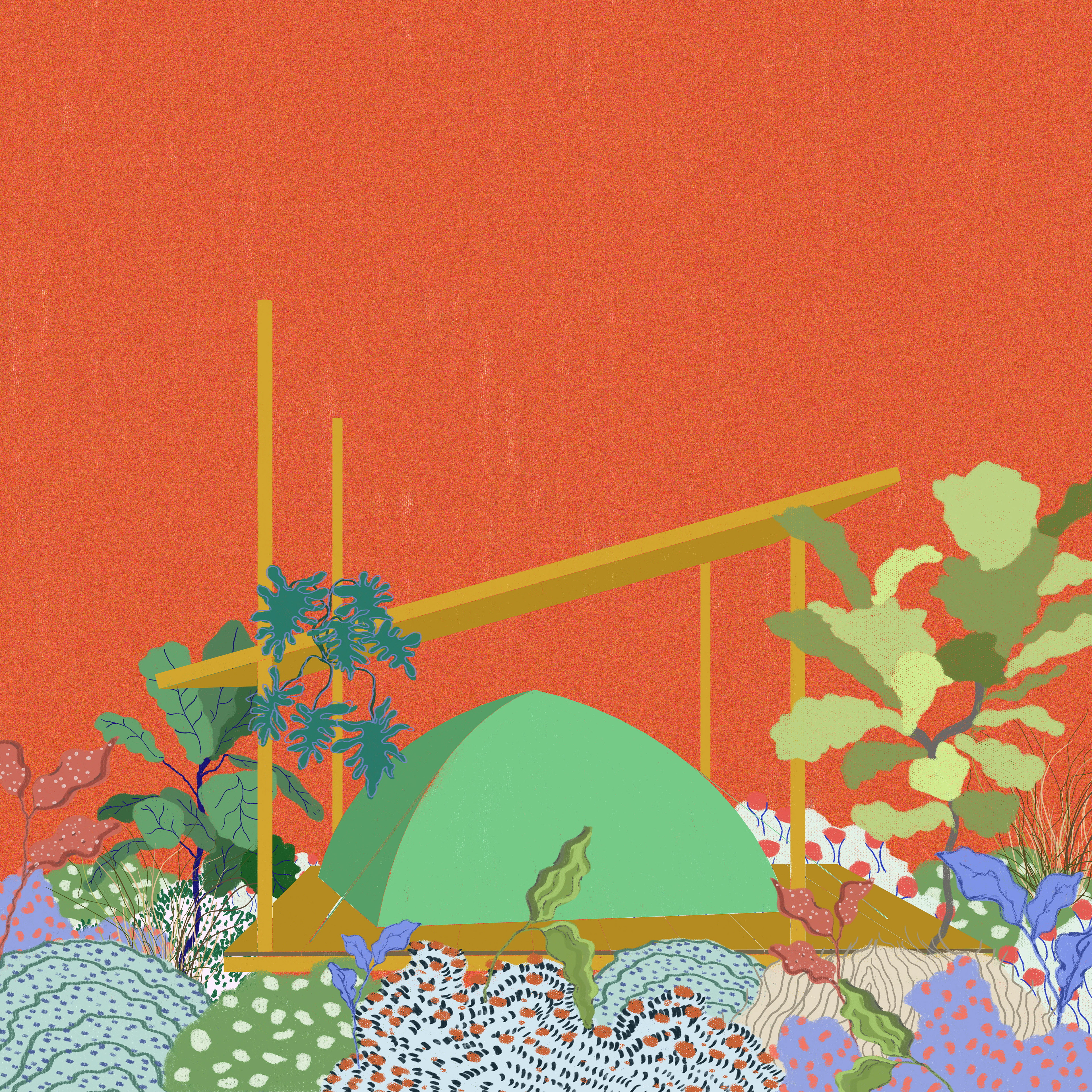 Colorful illustration of a green tent and minimal wooden frame structure surrounded by lush, stylized plants against a vivid orange background.