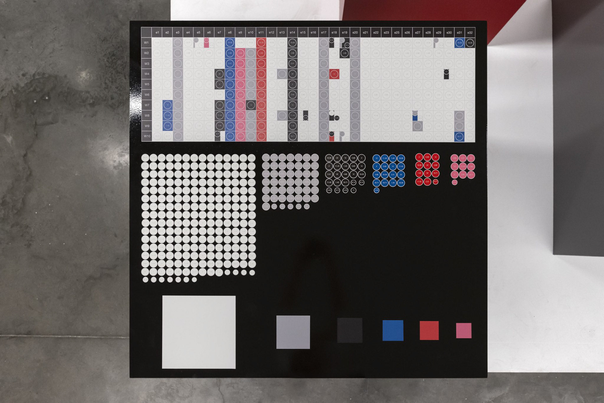 "Top-down view of a data visualization panel showing color usage in Sanatorium exhibition walls, with circular icons representing proportions for the sculptural installation 'Cubes'."