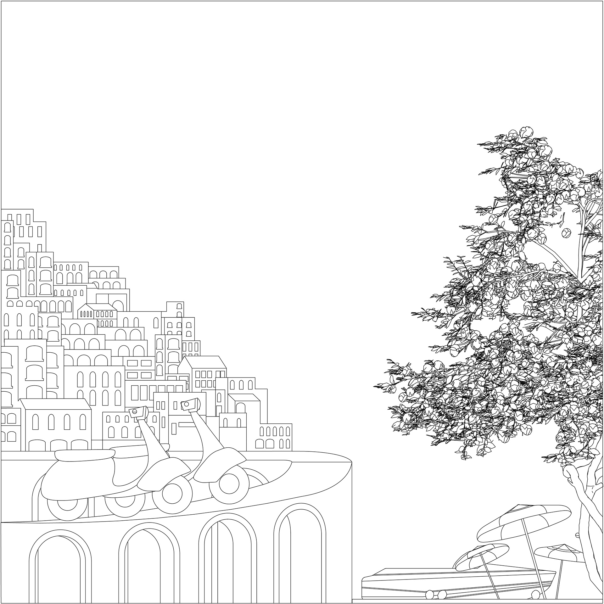 Line drawing showing the elevation view of the screen installation for a textile brand, including scooters, facades, lemon tree, and beach elements — created for fabrication and on-site application.