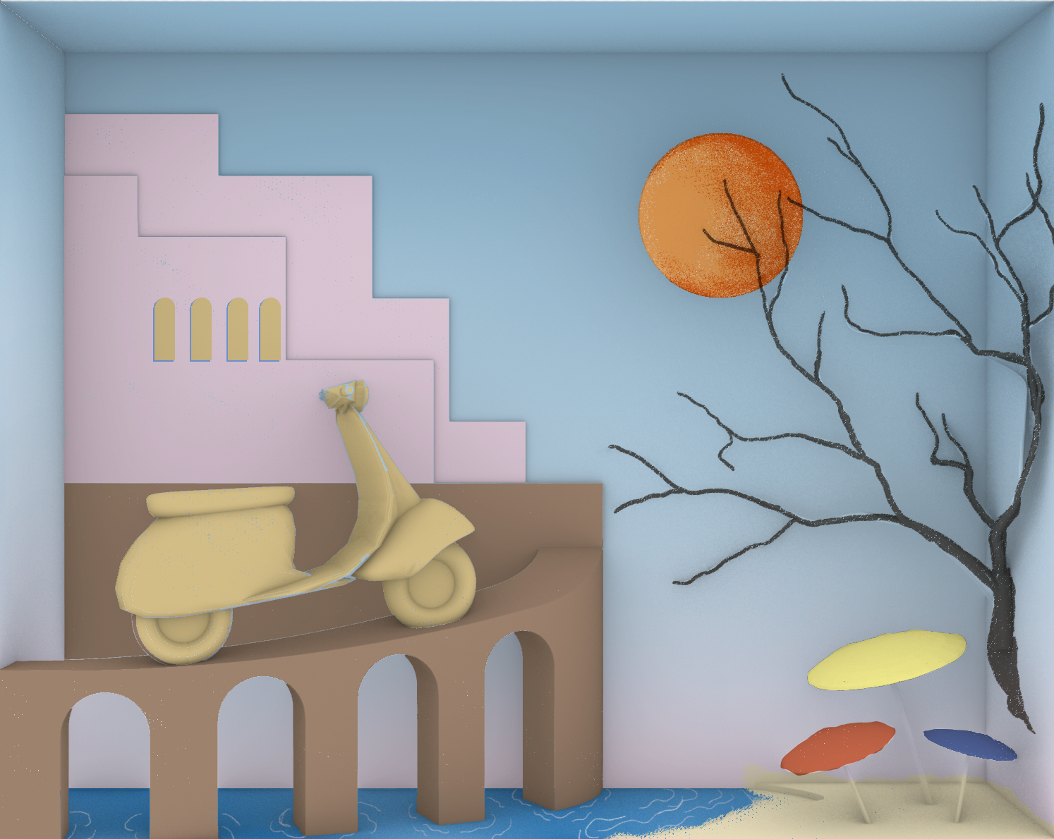 First sketch model translating the artist’s ideas into spatial form — featuring architectural abstraction, summer symbols, and playful material cues.