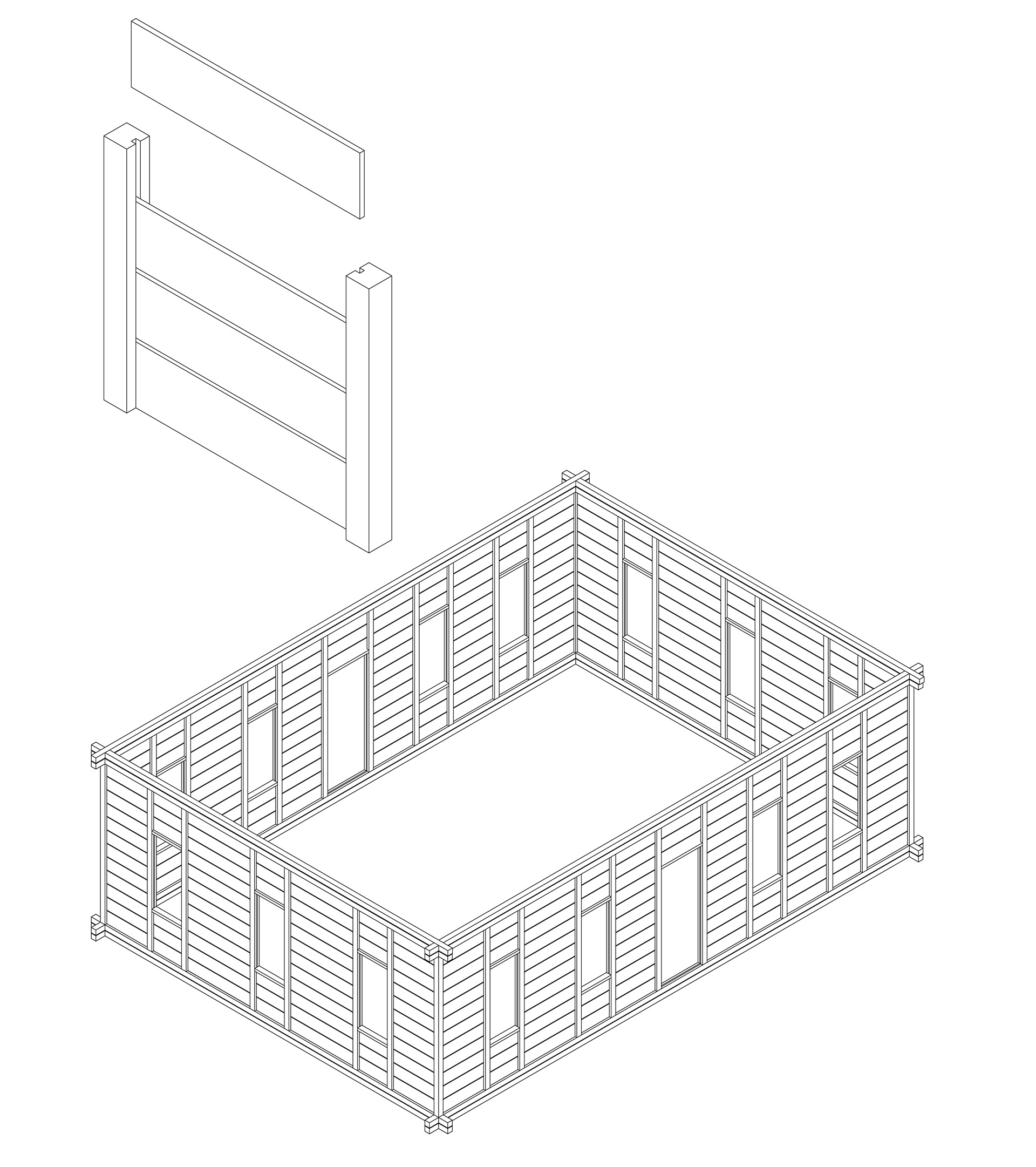 Axonometric drawing showing a wooden infill wall construction system with vertical posts and horizontal planks, typical of vernacular Black Sea architecture.