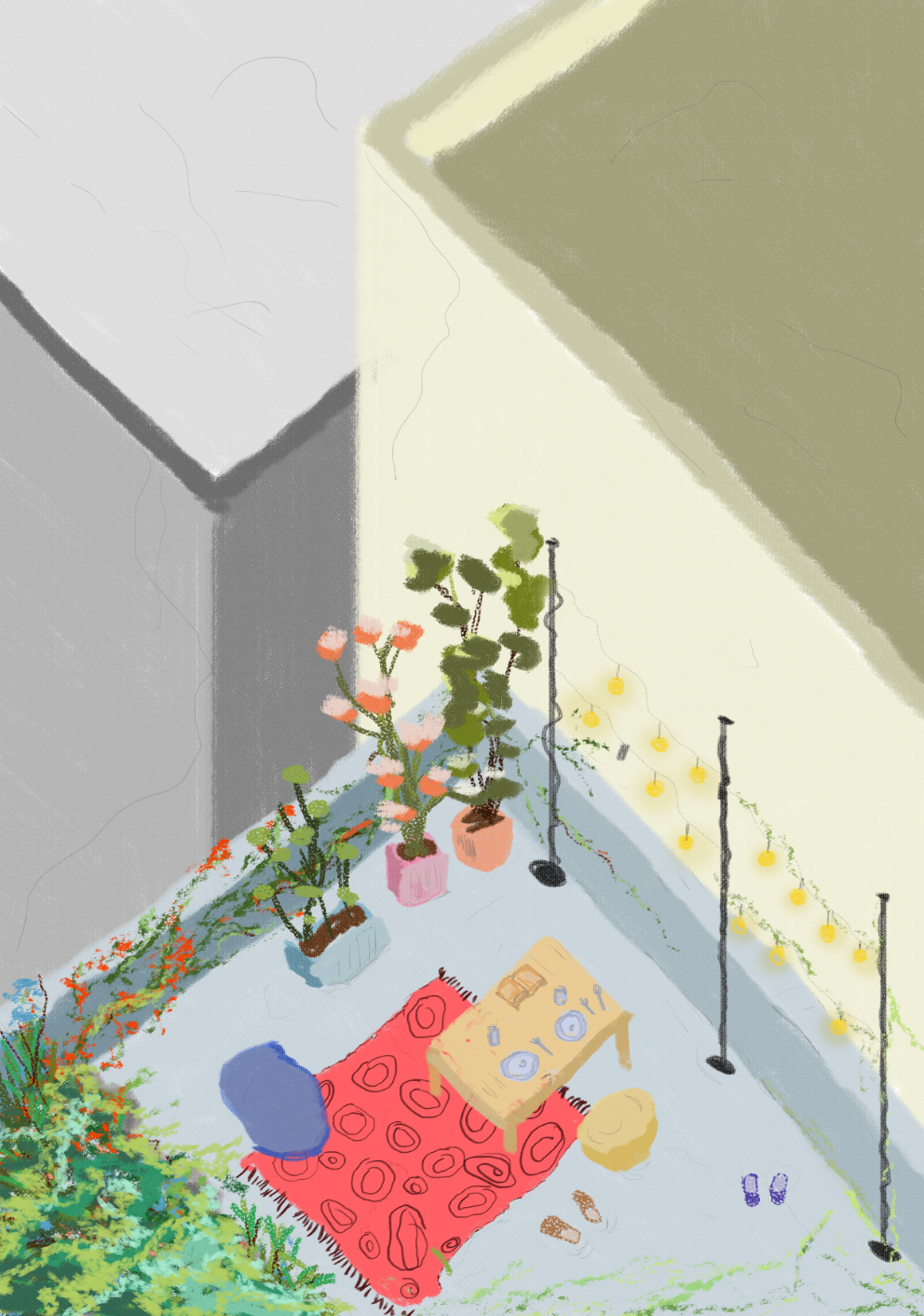Isometric illustration of a cozy rooftop corner set for dinner, with a rug, table, potted plants, and string lights.