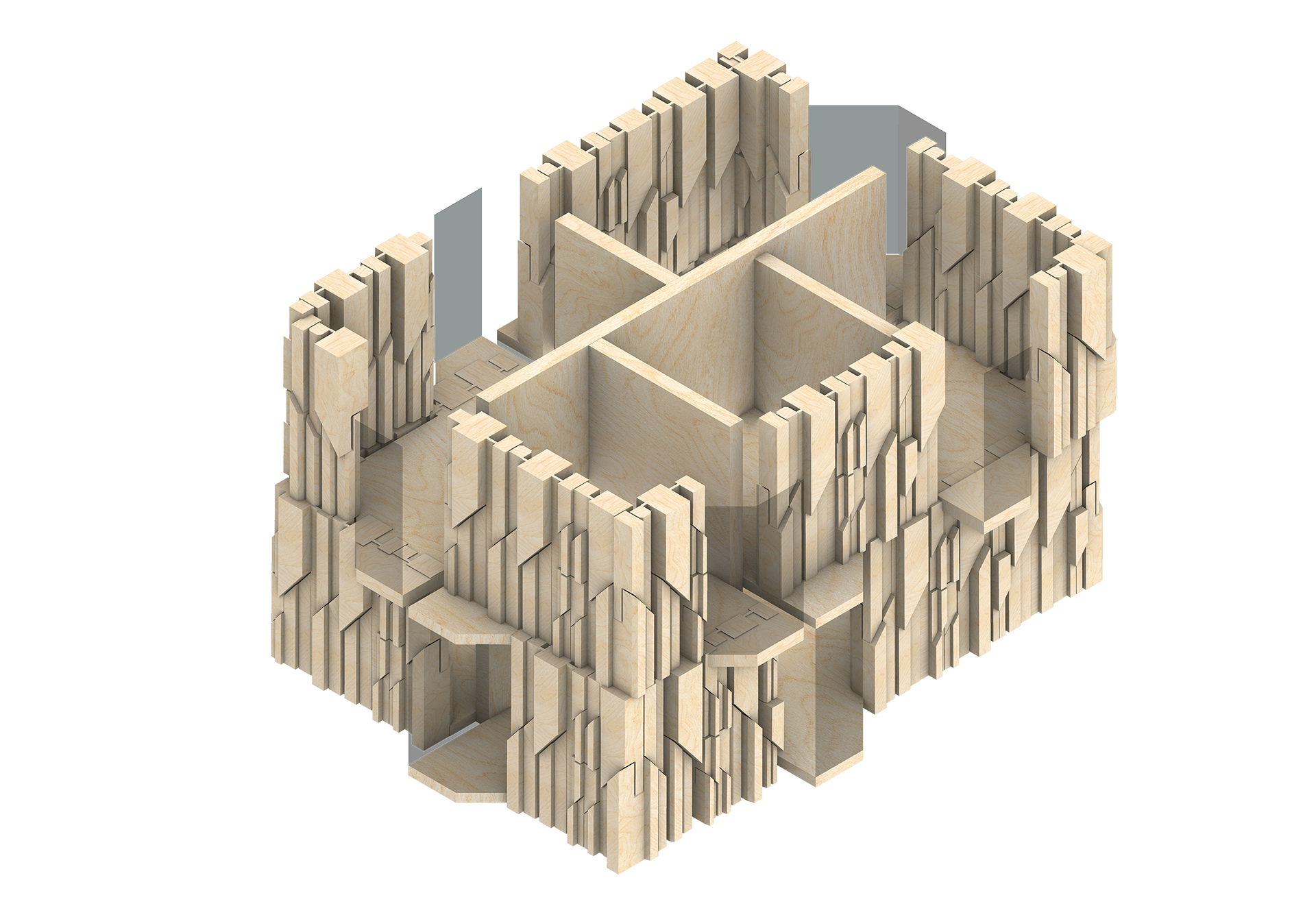 A 3D-rendered wooden architectural model showcasing a speculative housing form inspired by Black Sea vernacular construction techniques.