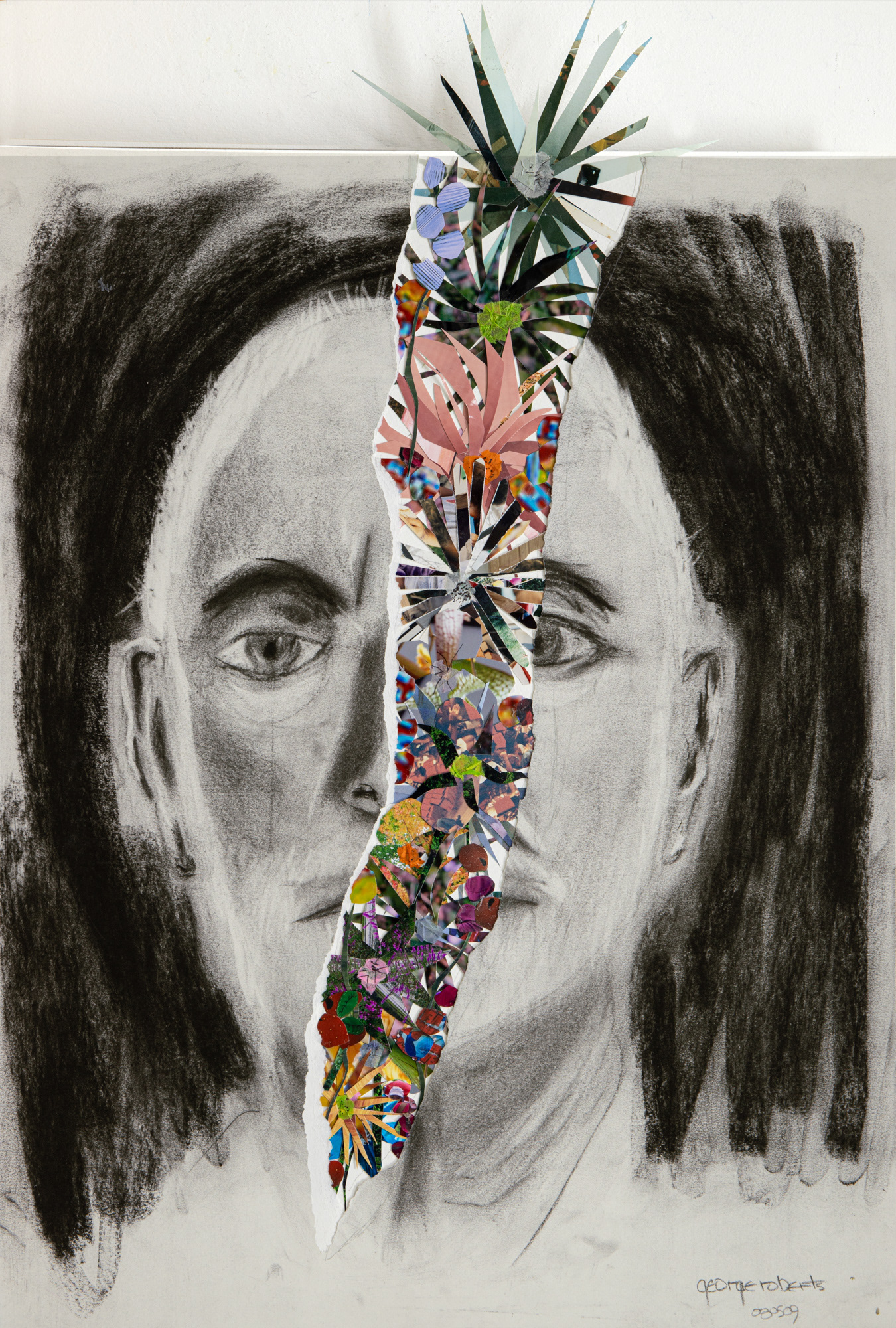 Macular Degeneration Series: Self Portrait w/Flowers Becoming Stars, charcoal drawing w/collaged photograph scraps