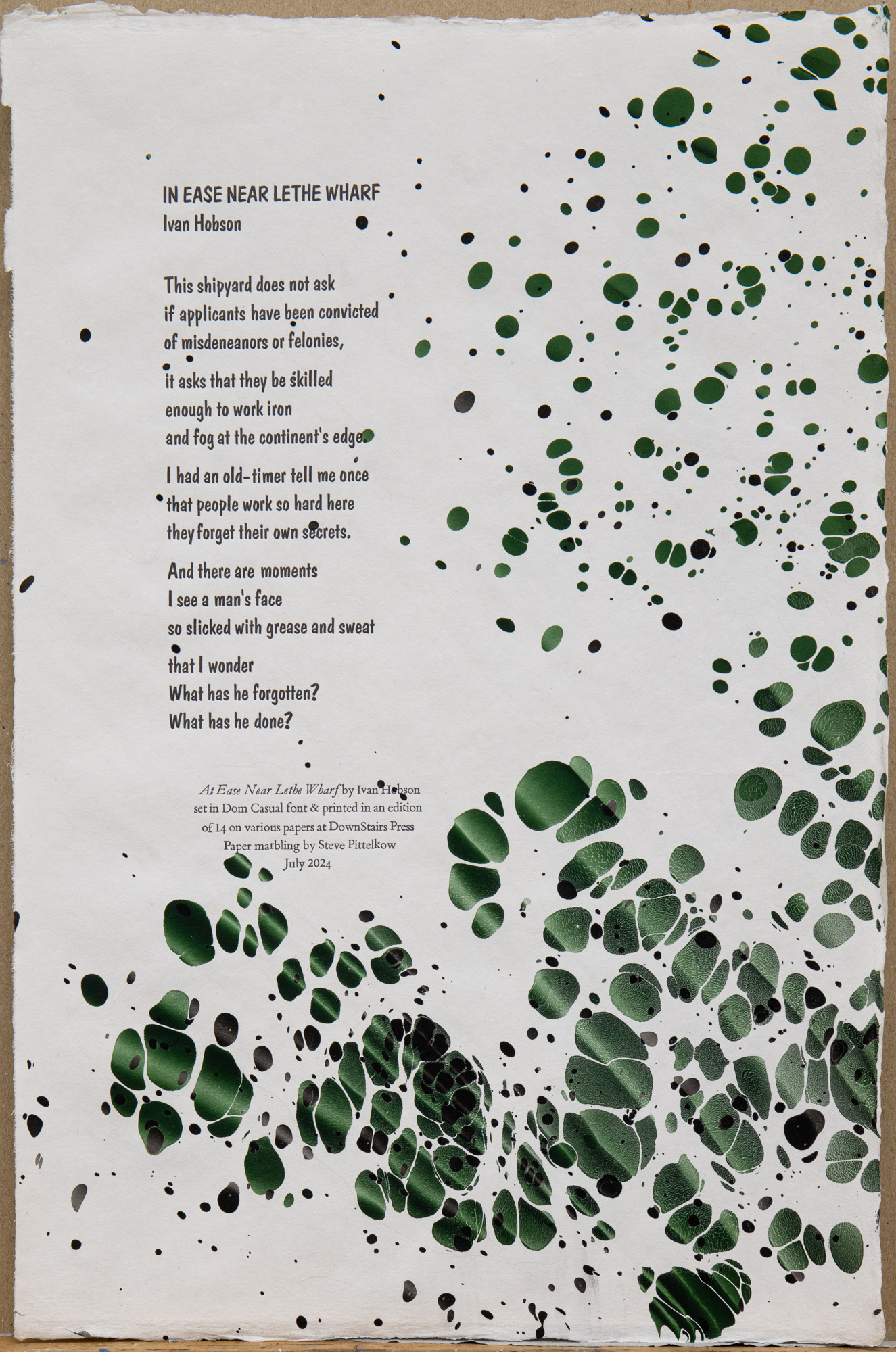 At Ease Near Lethe Wharf, letterpress printing on marbled paper