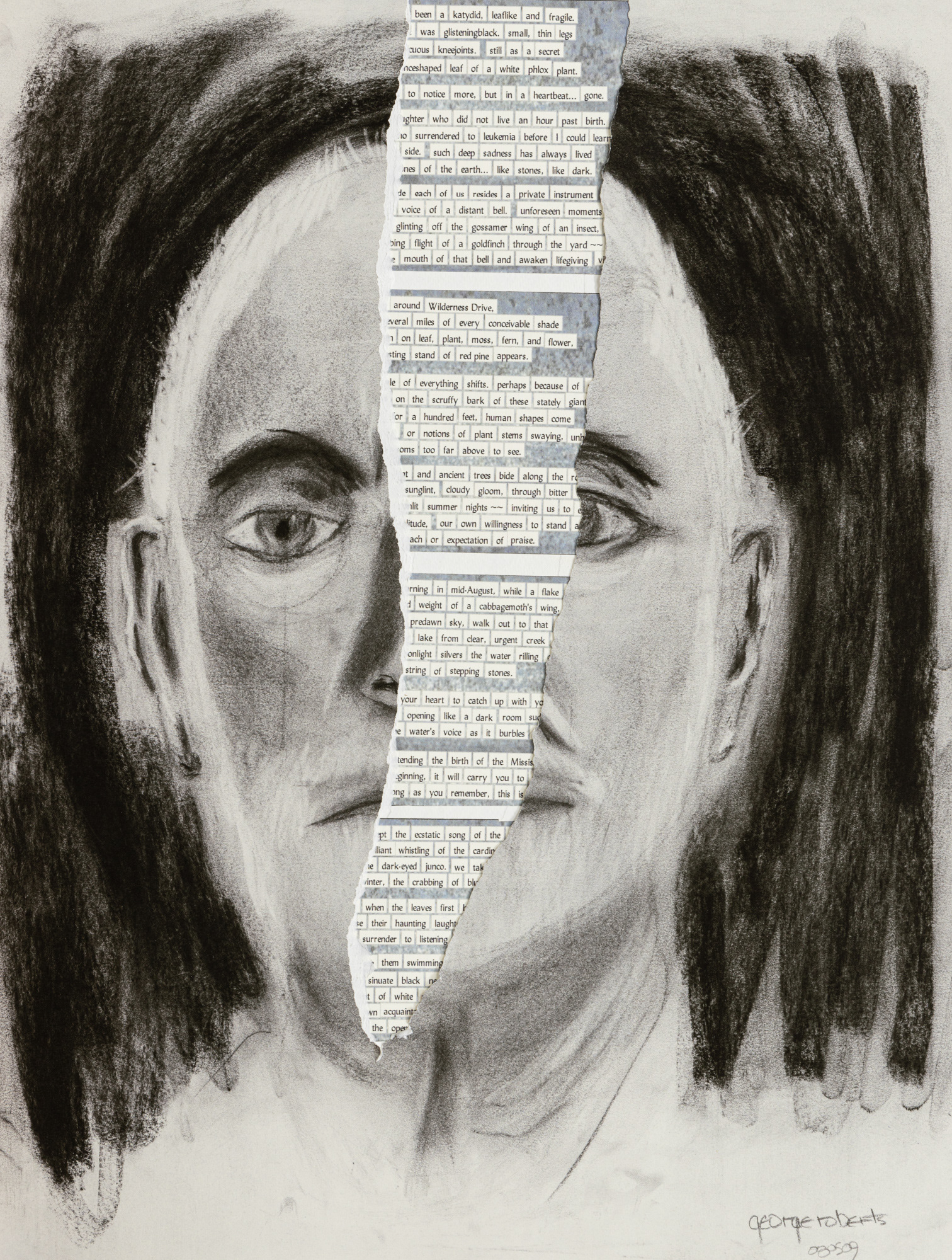 Macular Degeneration Series: Self Portrait w/poetry, charcoal drawing w/magnetic poetry