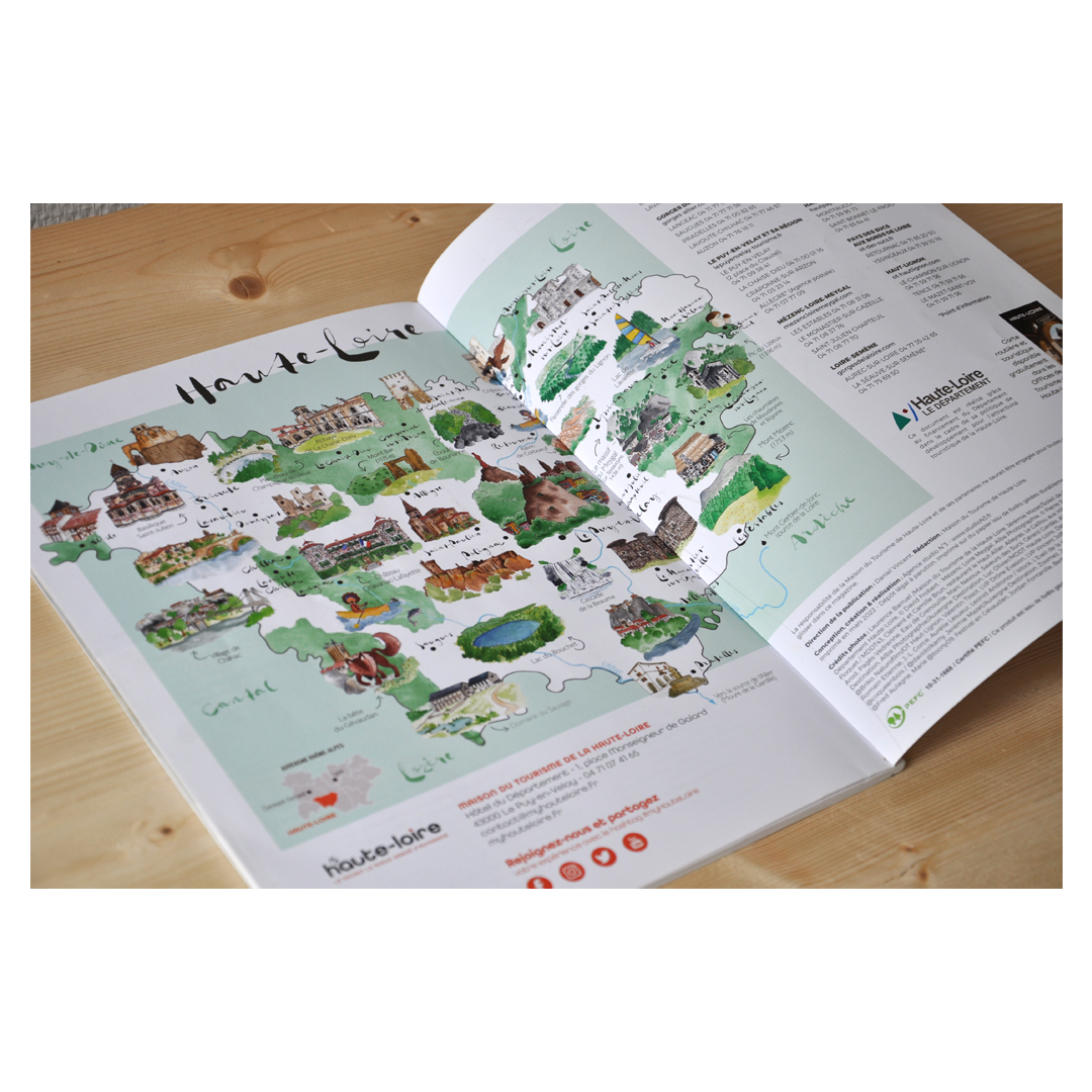 Carte touristique illustrée pour le magazine du Département, Haute-Loire expérience 