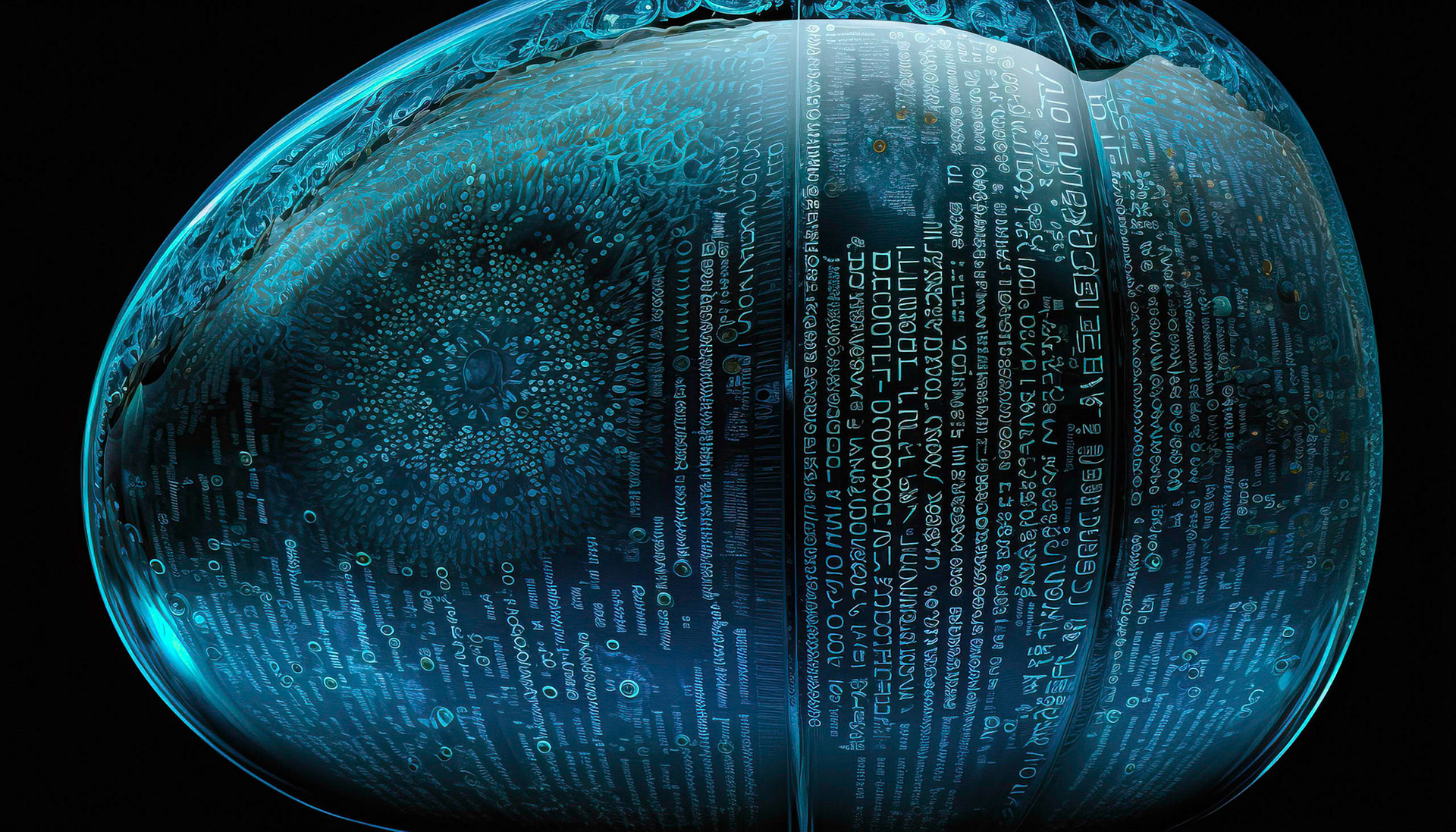 Alien technology desktop with blue abstract curved shapes and script; Generative AI