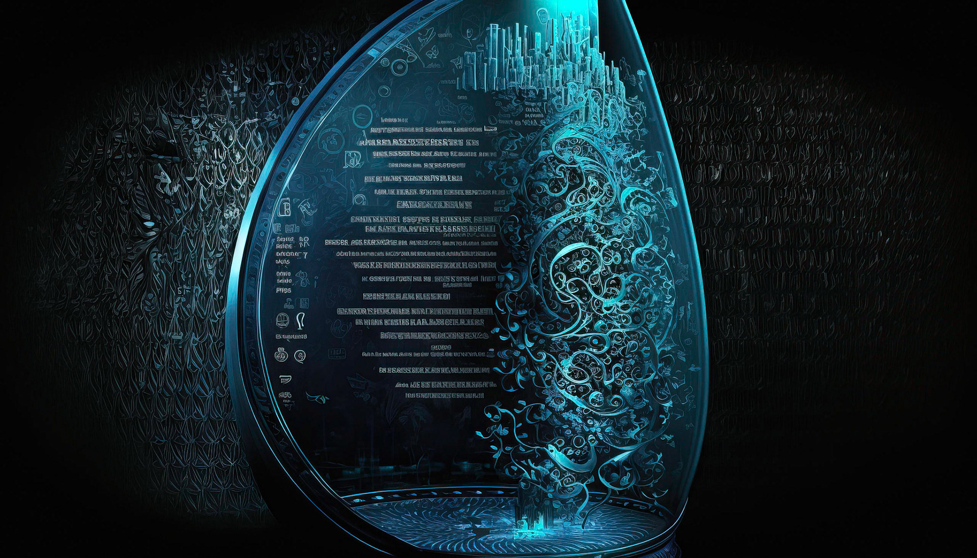Alien technology desktop with blue abstract curved shapes and script; Generative AI