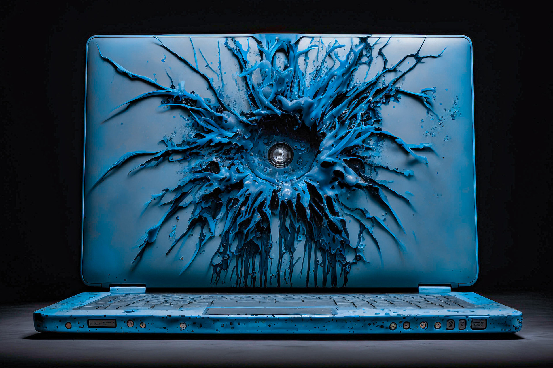 Virus infected and decaying IT computer hardware, laptop; Generative AI