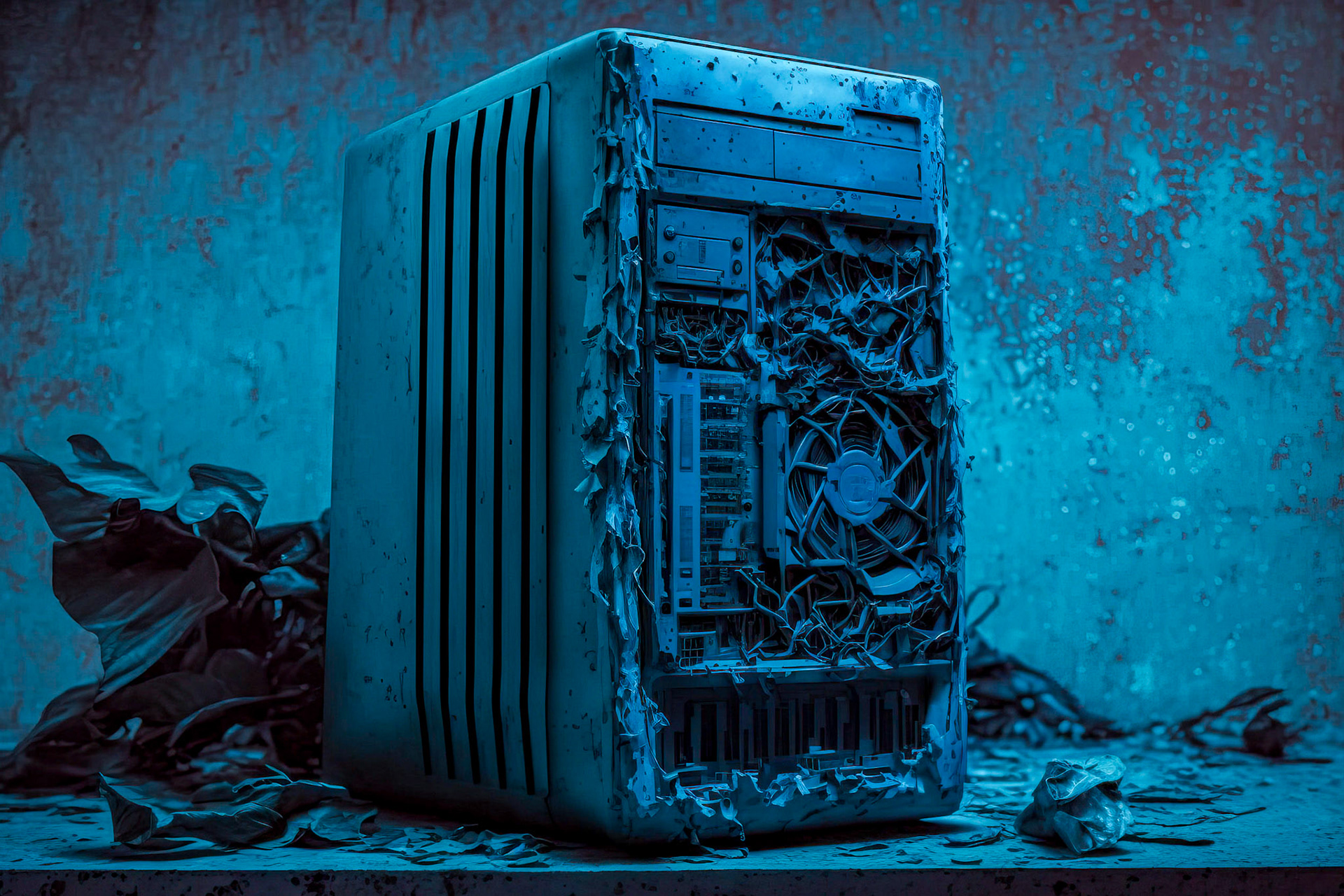 Virus infected and decaying IT computer hardware, desktop; Generative AI