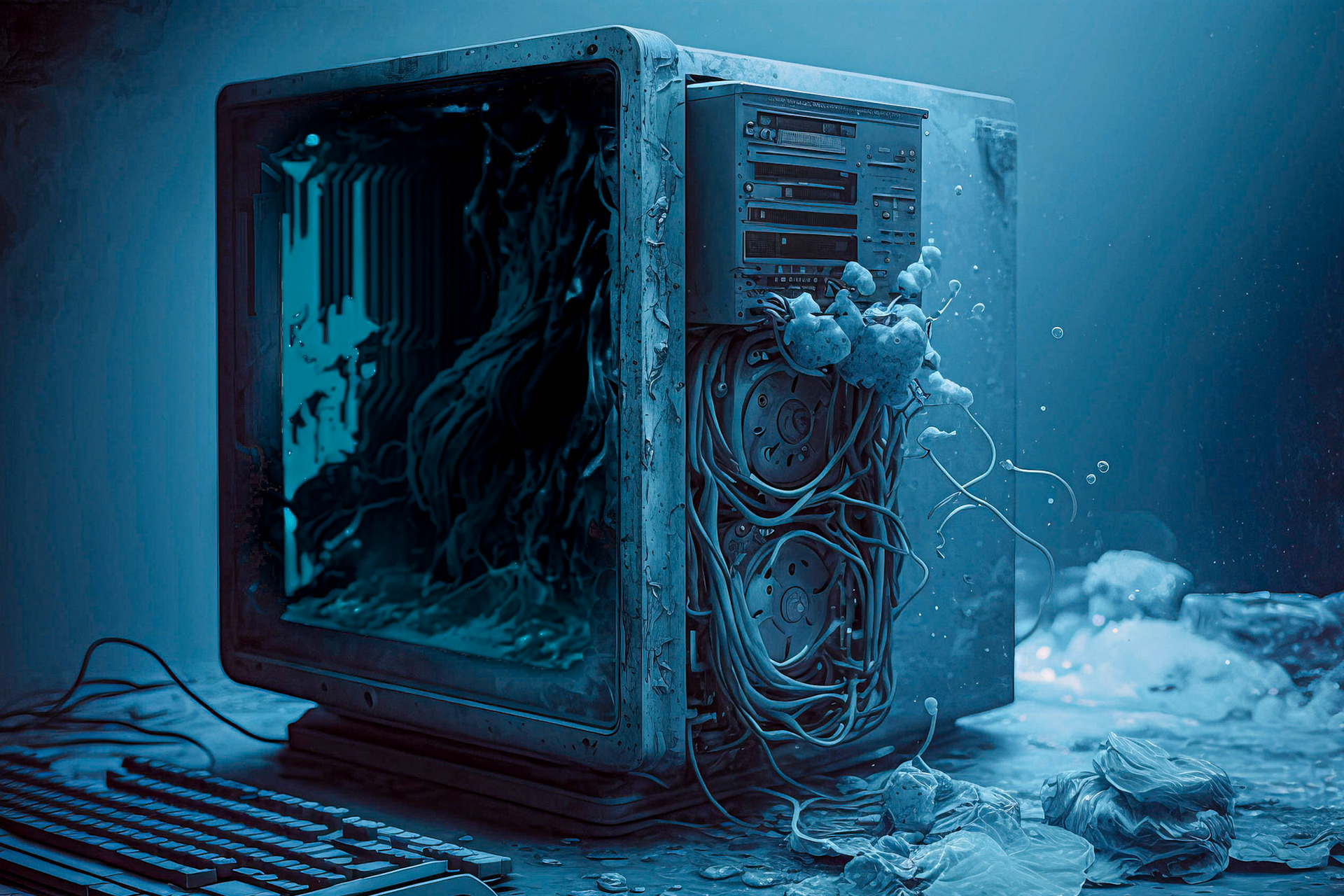 Virus infected and decaying IT computer hardware, desktop; Generative AI