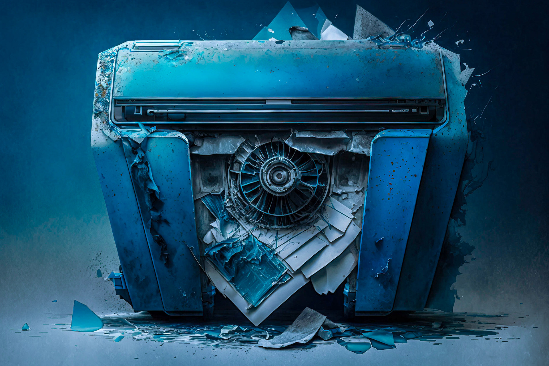 Virus infected and decaying IT computer hardware, printer; Generative AI