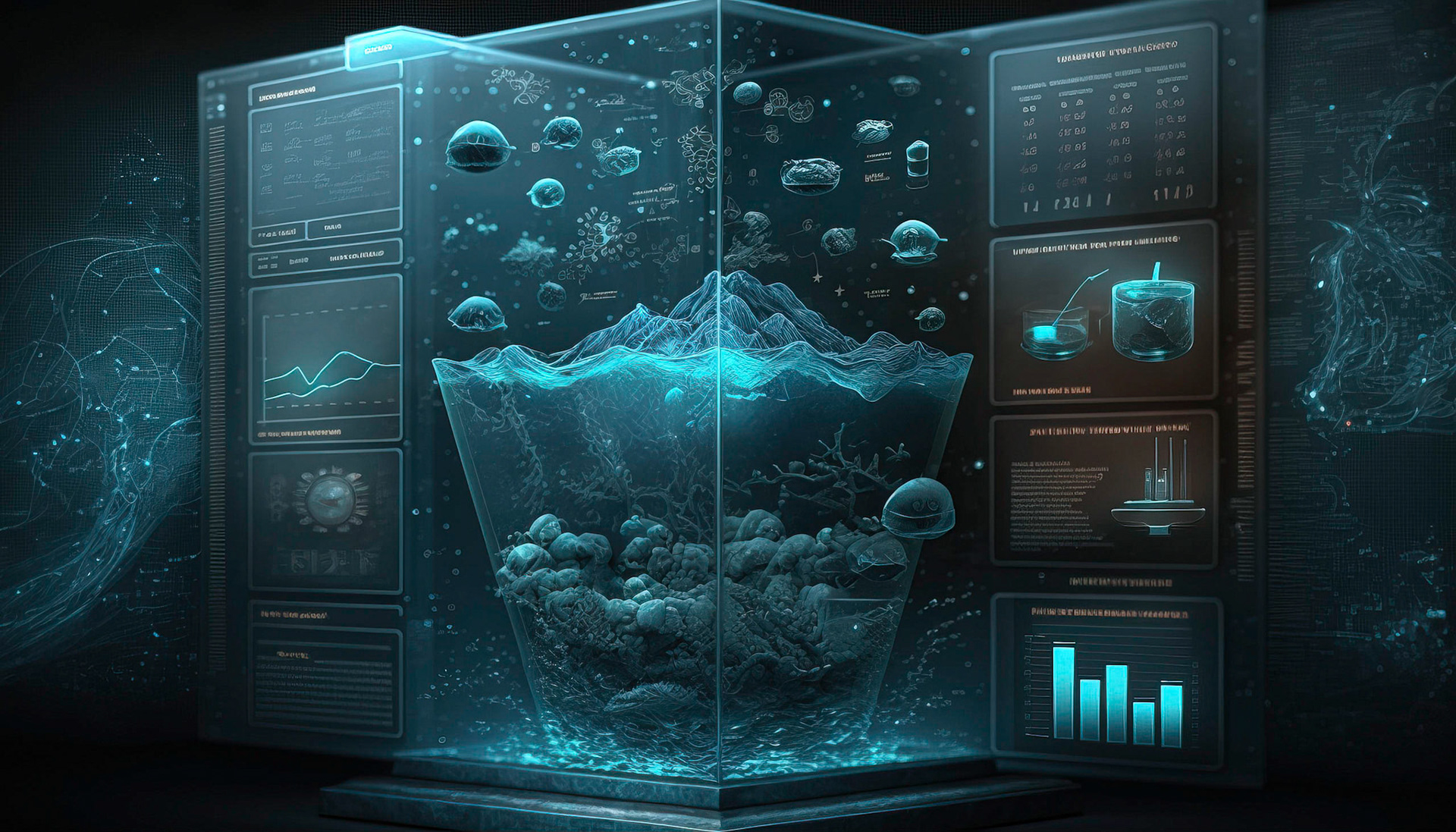 Alien technology desktop with blue abstract mainframe and script; Generative AI