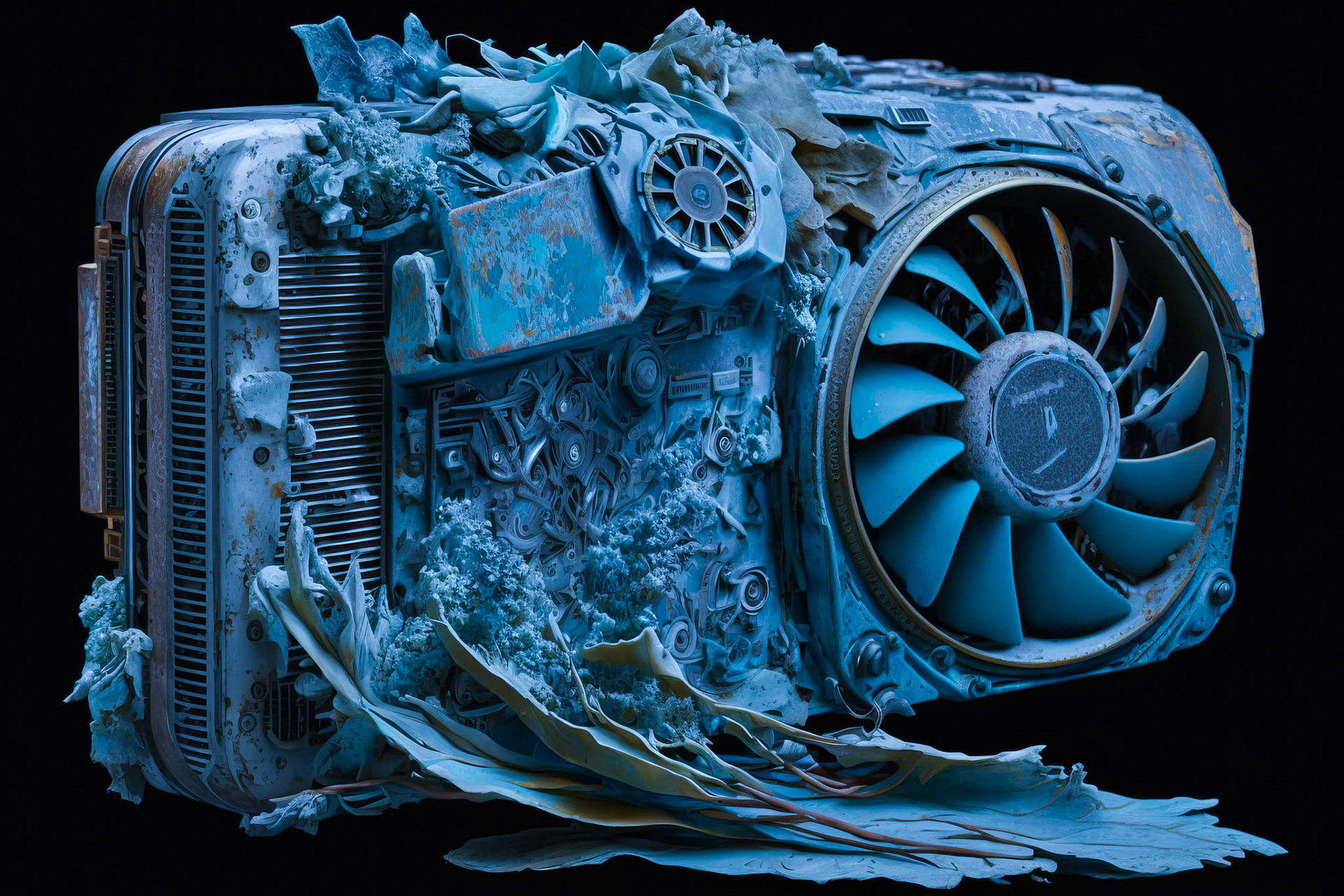 Virus infected and decaying IT computer hardware, graphics card; Generative AI