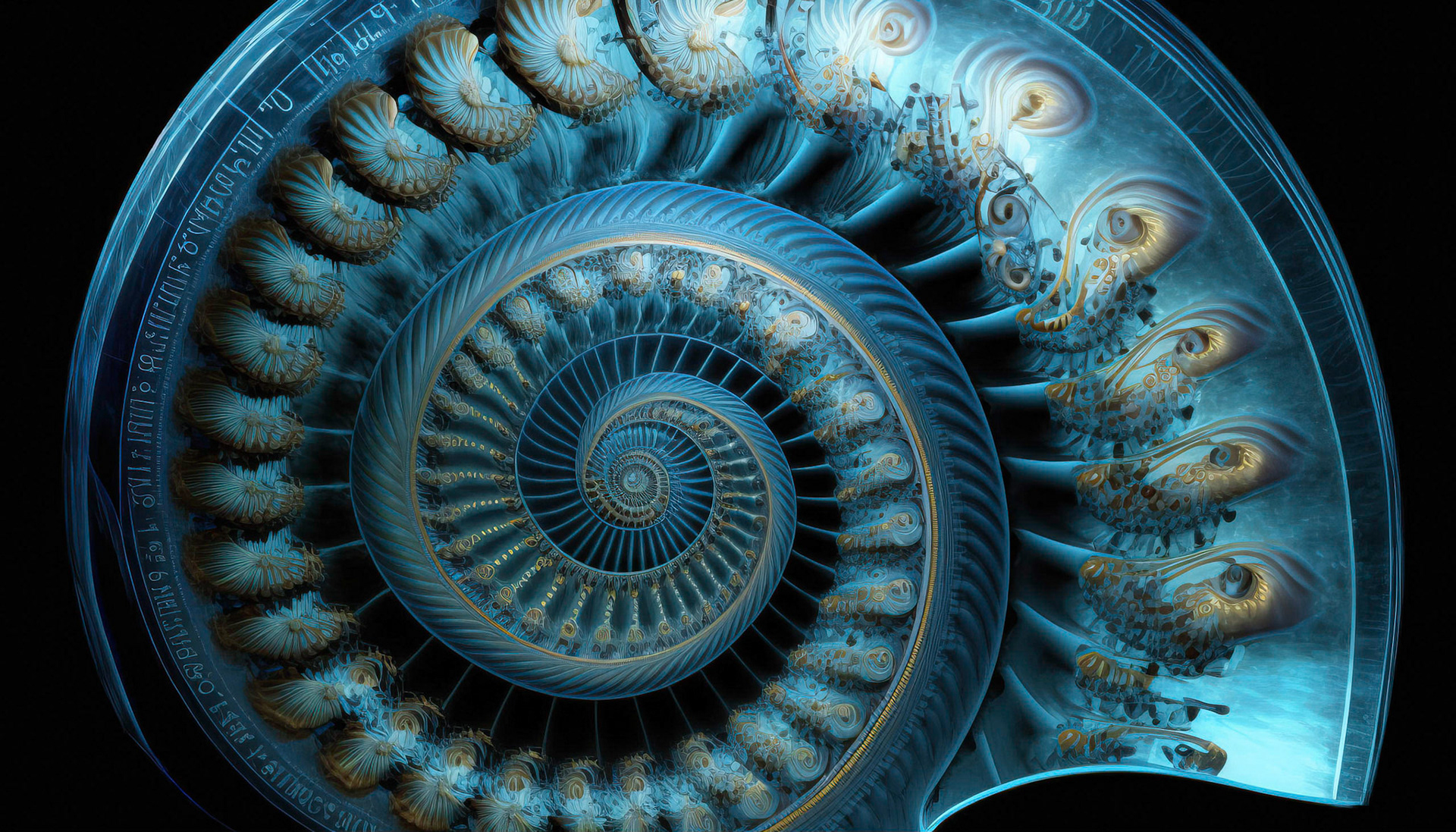 Alien technology desktop with blue abstract curved shapes and script; Generative AI