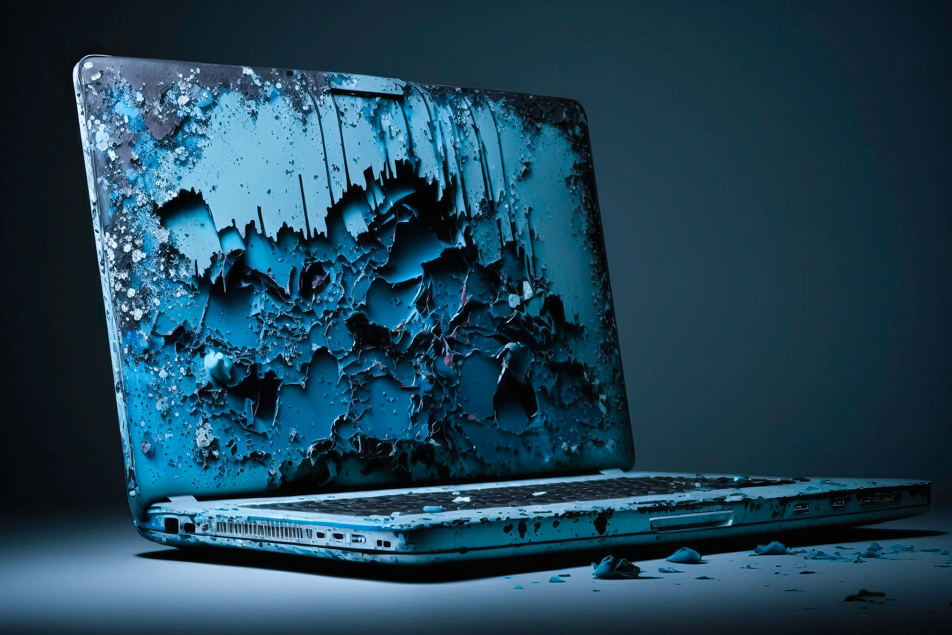 Virus infected and decaying IT computer hardware, laptop; Generative AI