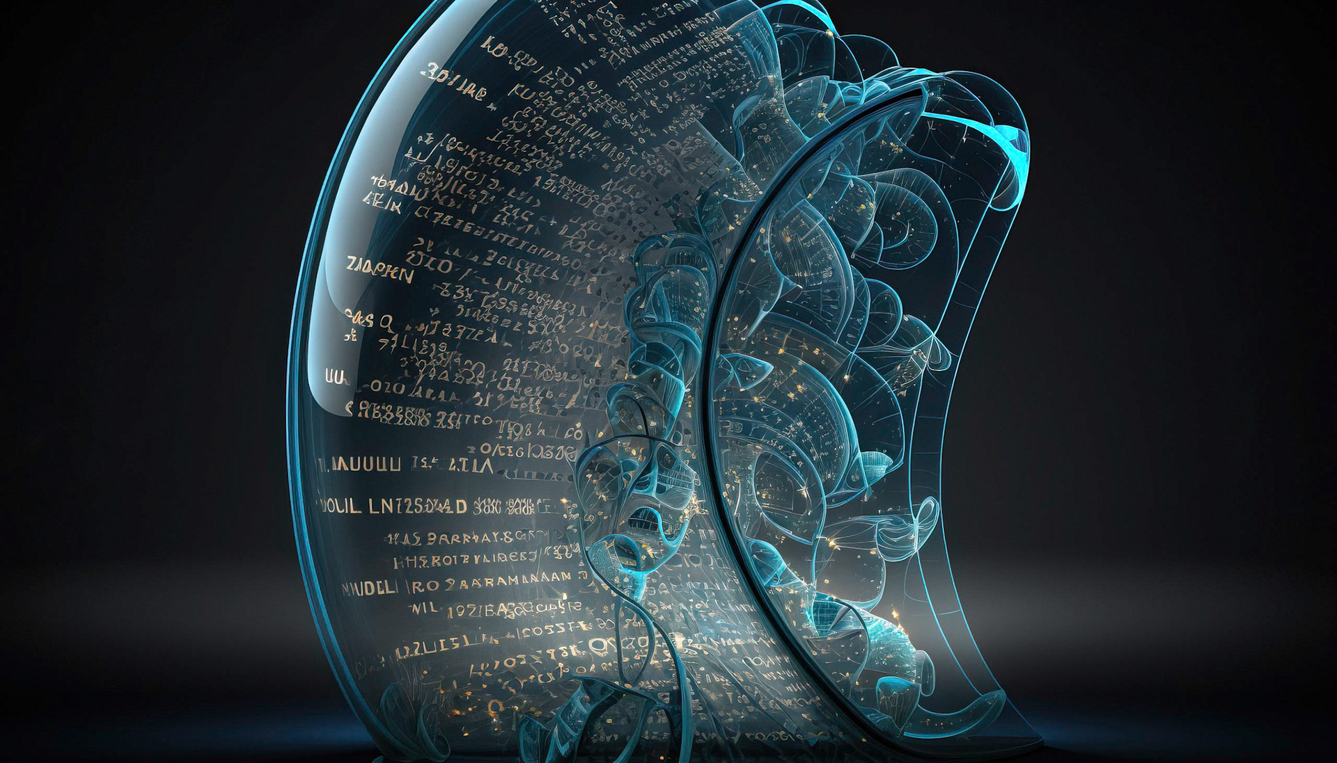 Alien technology desktop with blue abstract curved shapes and script; Generative AI