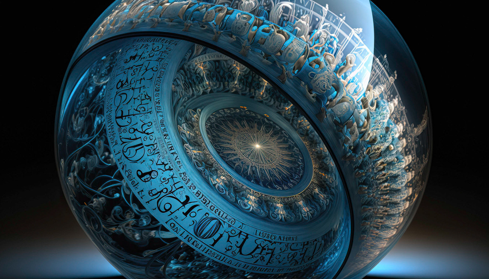 Alien technology desktop with blue abstract curved shapes and script; Generative AI