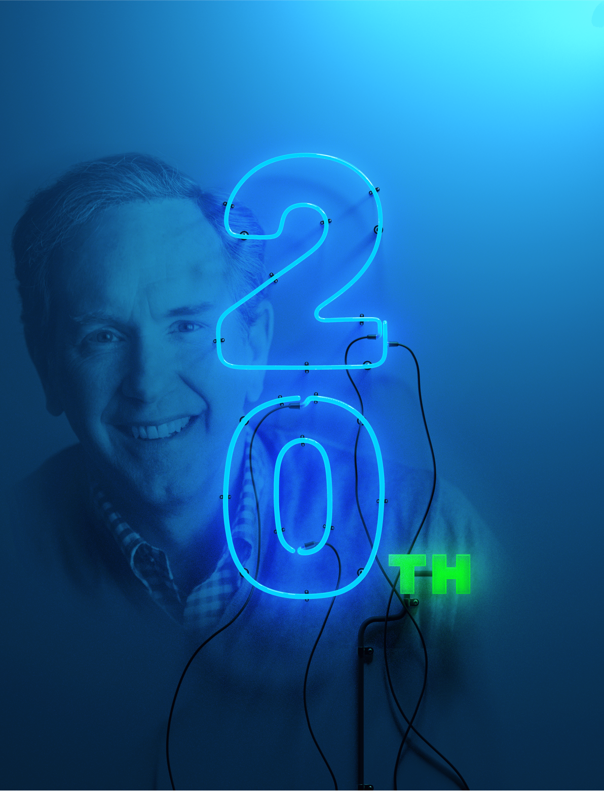 20TH’ overlaid, featuring electric wires and a soft blue atmospheric background. Created for the 20th anniversary campaign of Charlotte Talks.