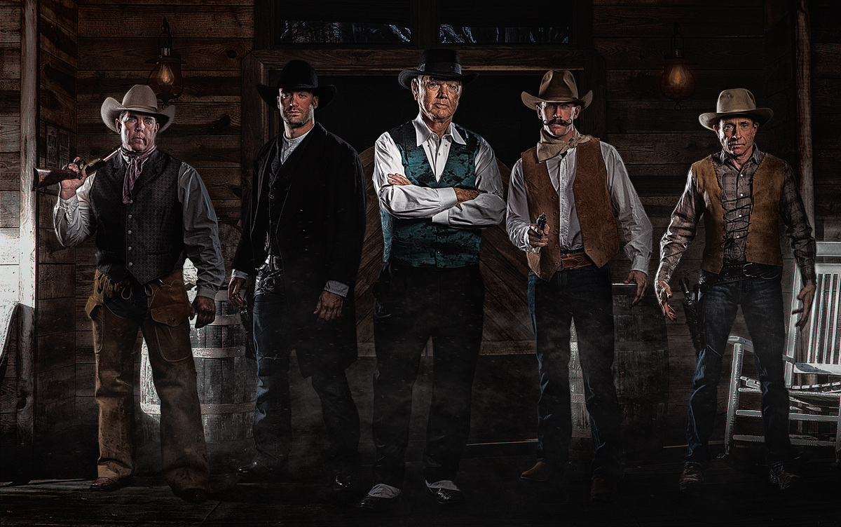Composite portrait of five NASCAR drivers in a Western town setting, photographed and retouched using HDR background plates and cinematic lighting techniques.