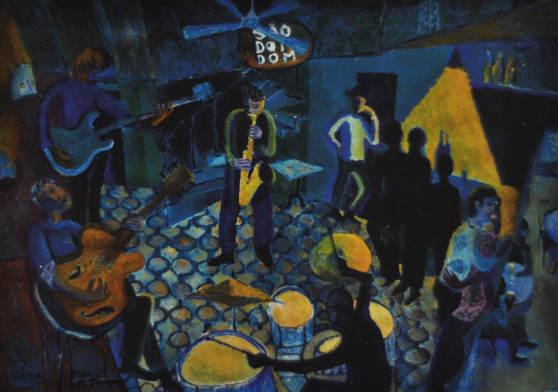 Jazz in São Dom Dom, por Pierre Crapez. Pintura a óleo em tons azuis e dourados. Retrada um bar com luz baixa e uma banda de jazz tocando.