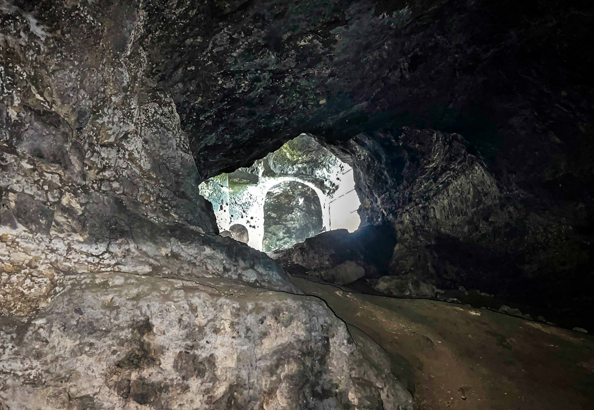 Yarımburgaz prehistoric cave: looking towards the former church from deeper inside the cave