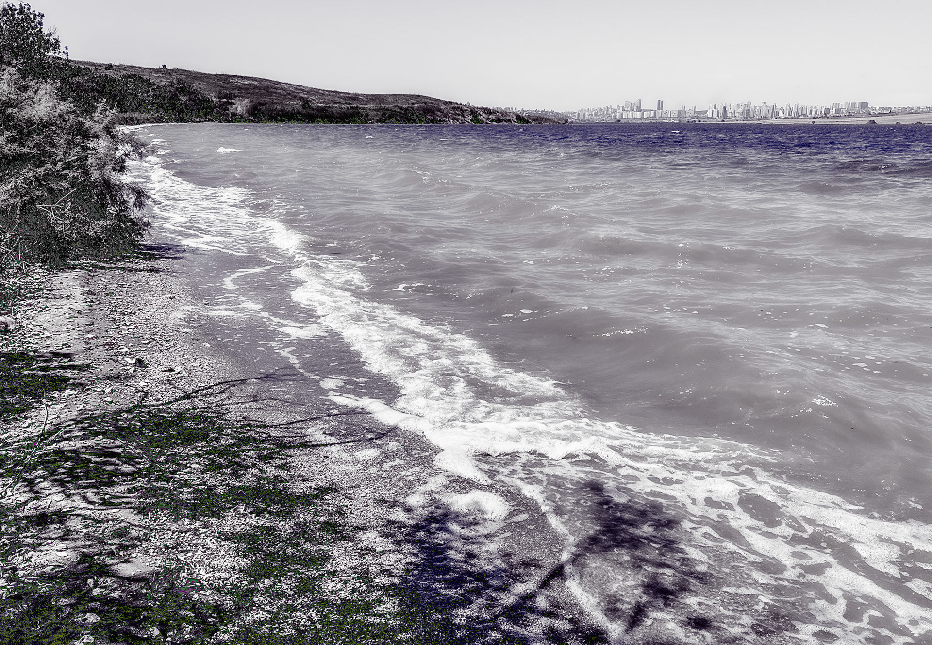 western Küçükçekmece lakeside: view north with foamy water