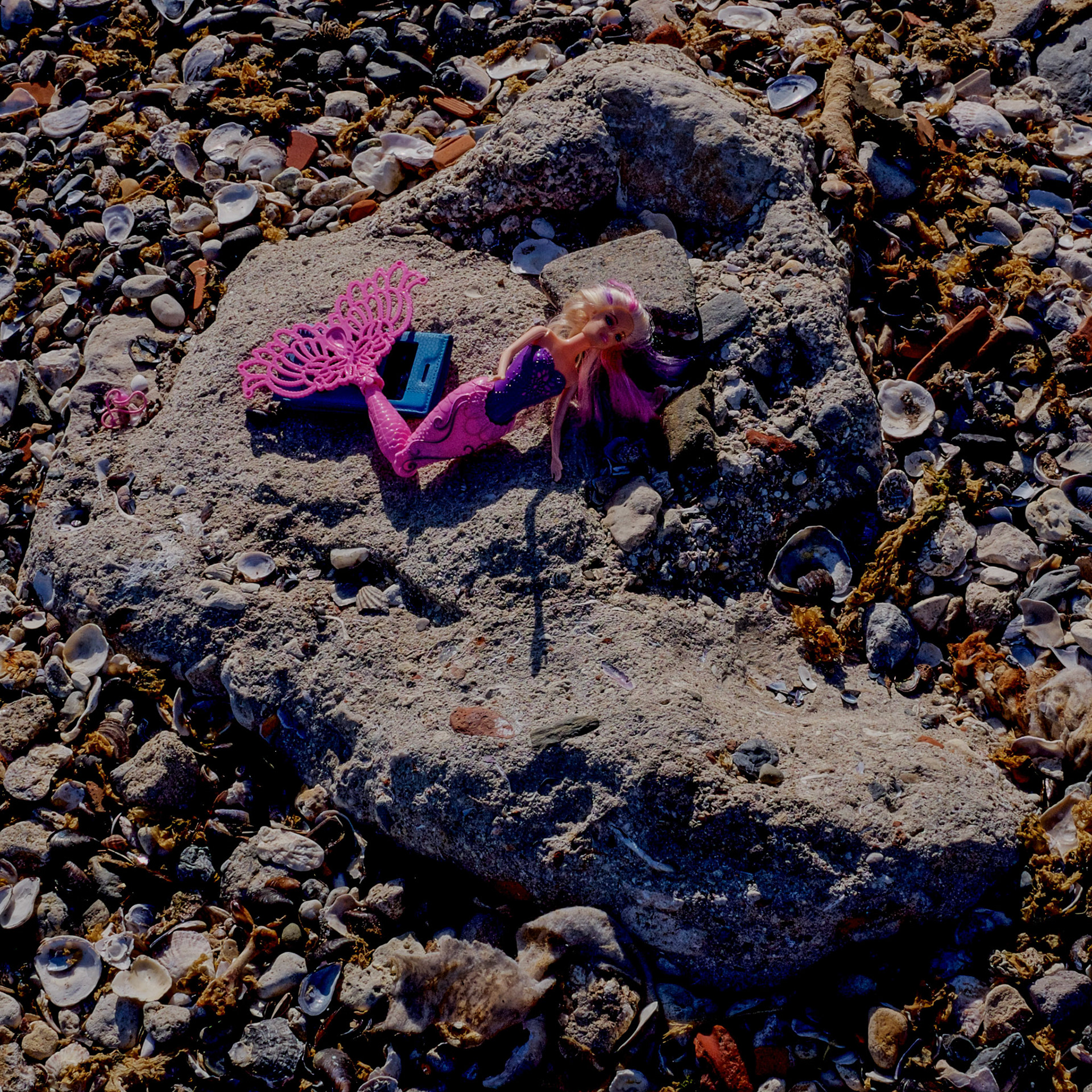 Menekşe Plajı: a pink mermaid resting on a rock, surrounded by her collection of seashells