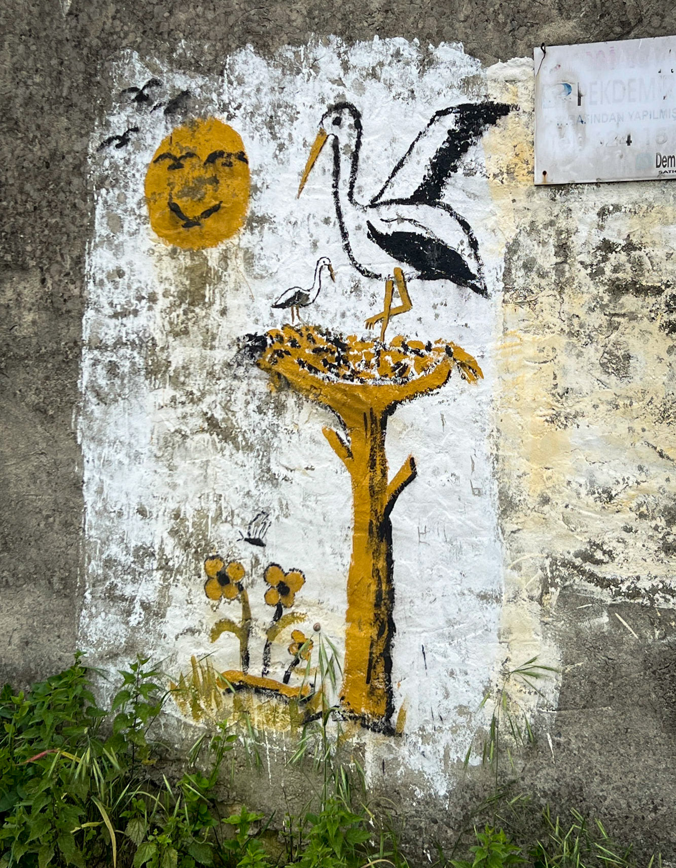 Sazlıbosna: stork painting on a wall