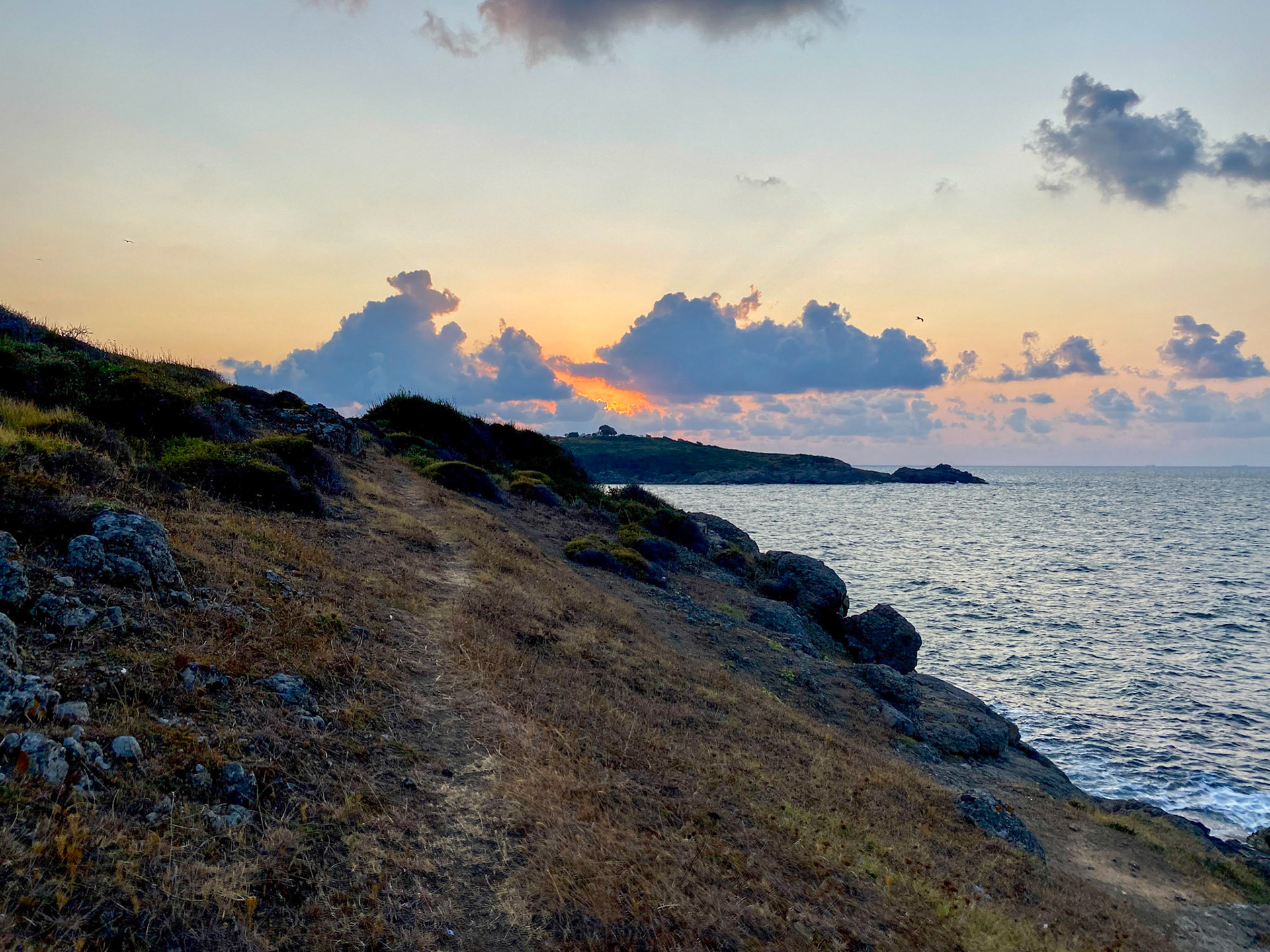 between the 'English' houses and Riva: the setting sun looking west along the shore