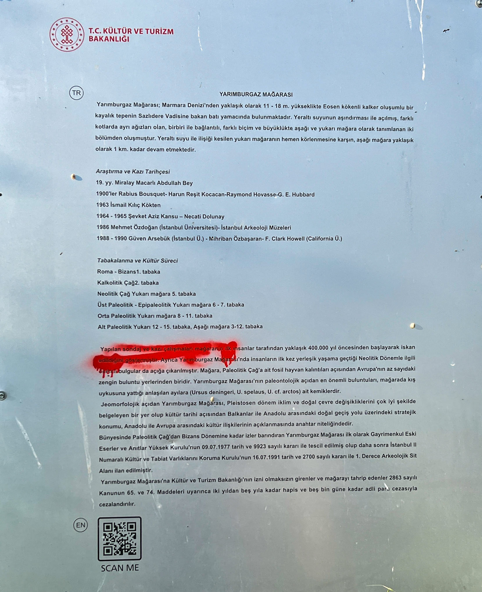 Yarımburgaz prehistoric cave: official notice