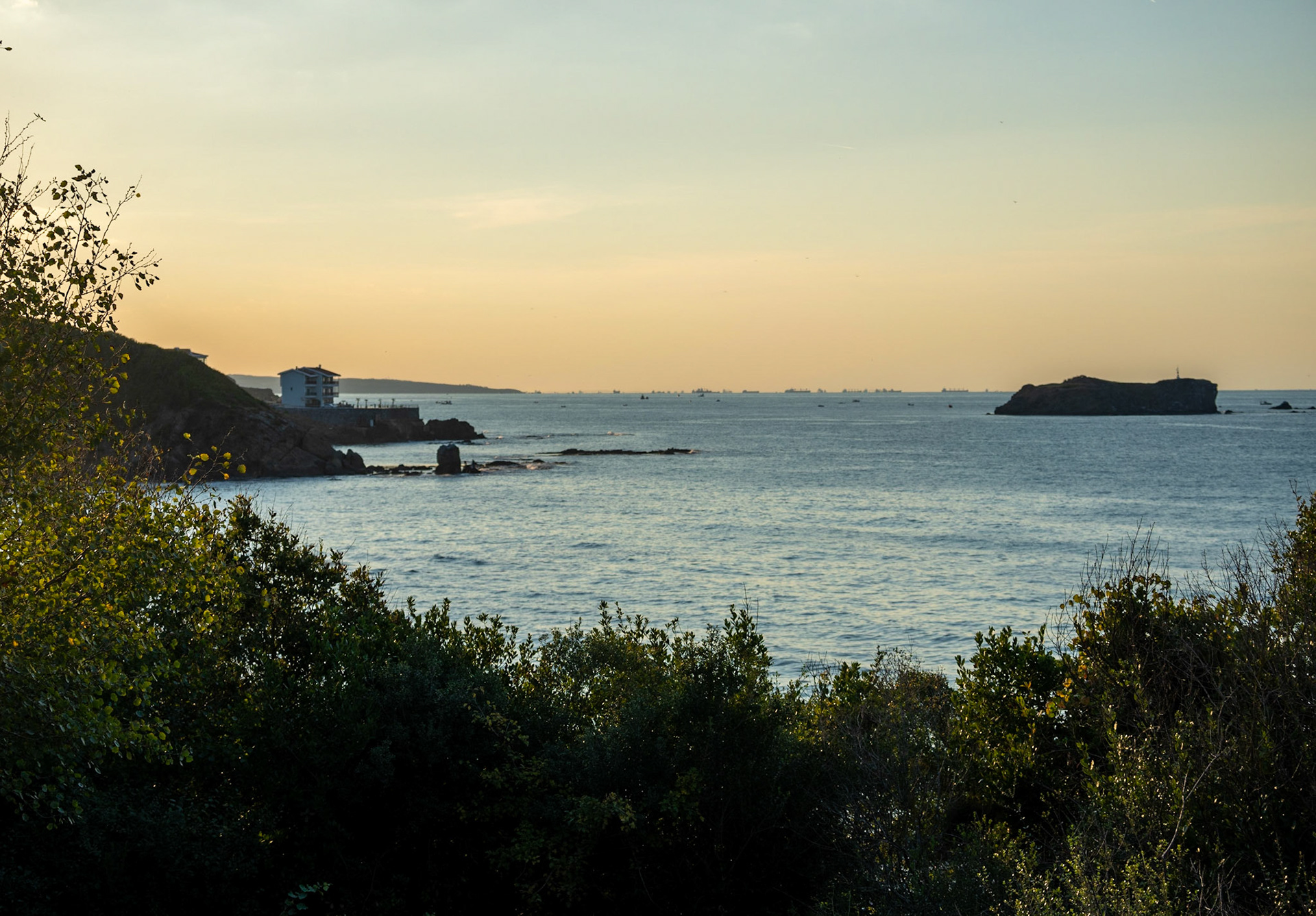 heading west along the line of the Black Sea: cargo ships waiting to enter the Bosphorus