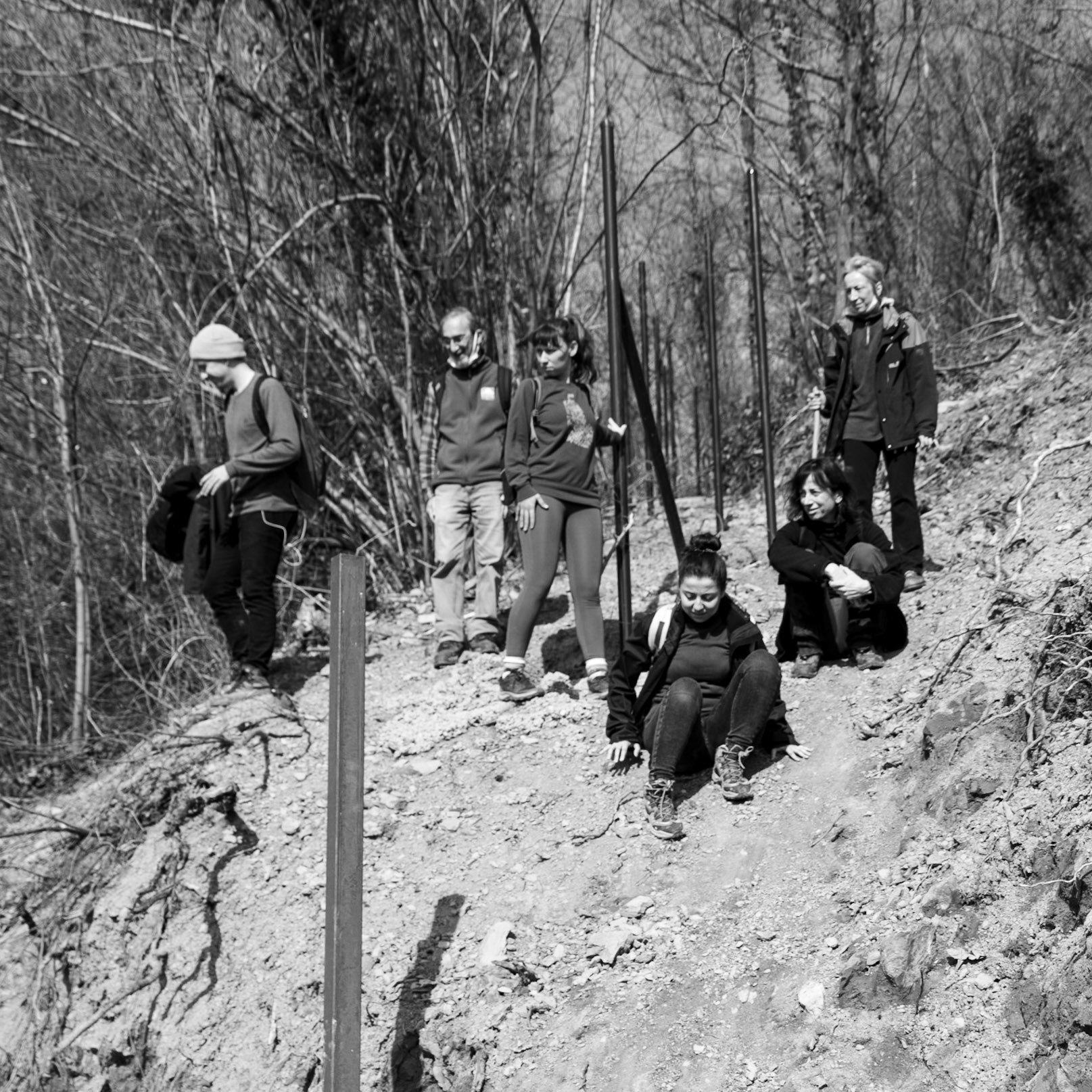 Kaymakdonduran woods: sliding down a slope by an unfinished part of the fence