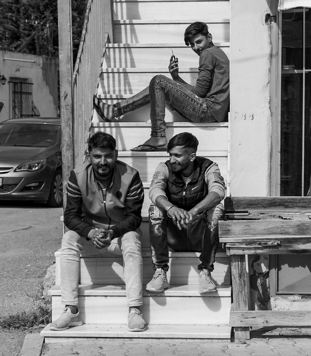 cheery lads on steps