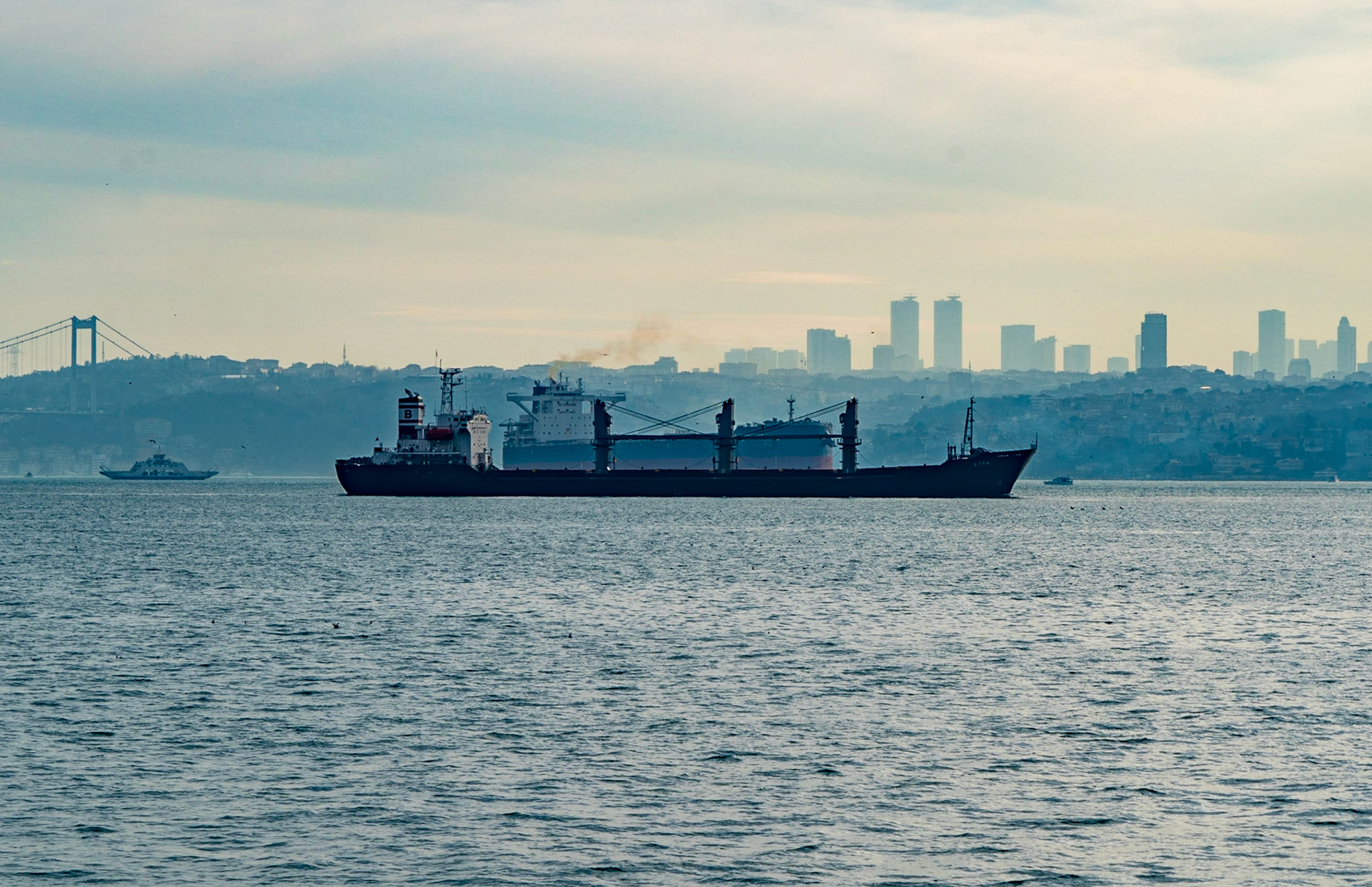 Beykoz: ships on the Bosphorus with Maslak behind