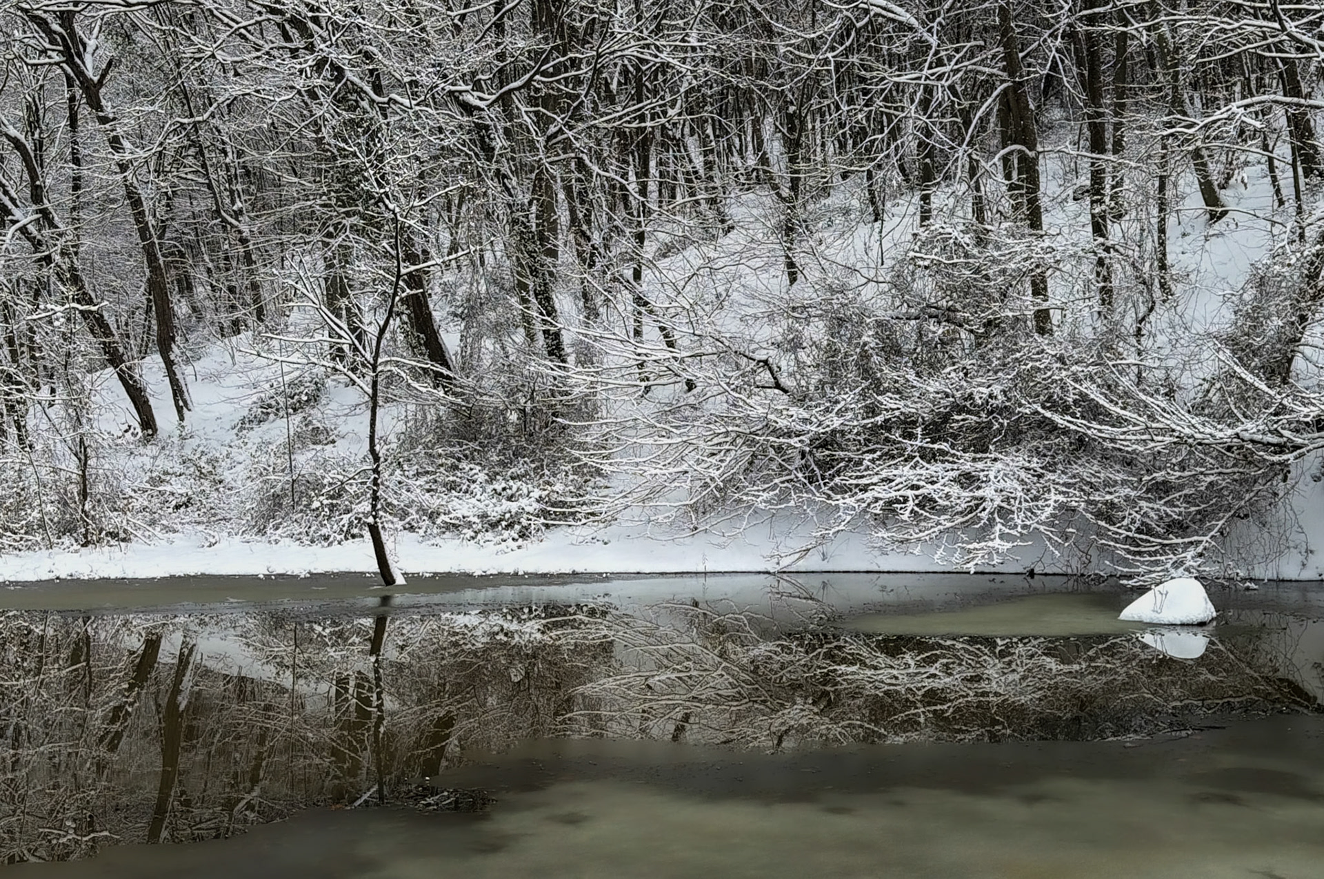 Valide Sultan reservoir: reflections, ice, trees and snow