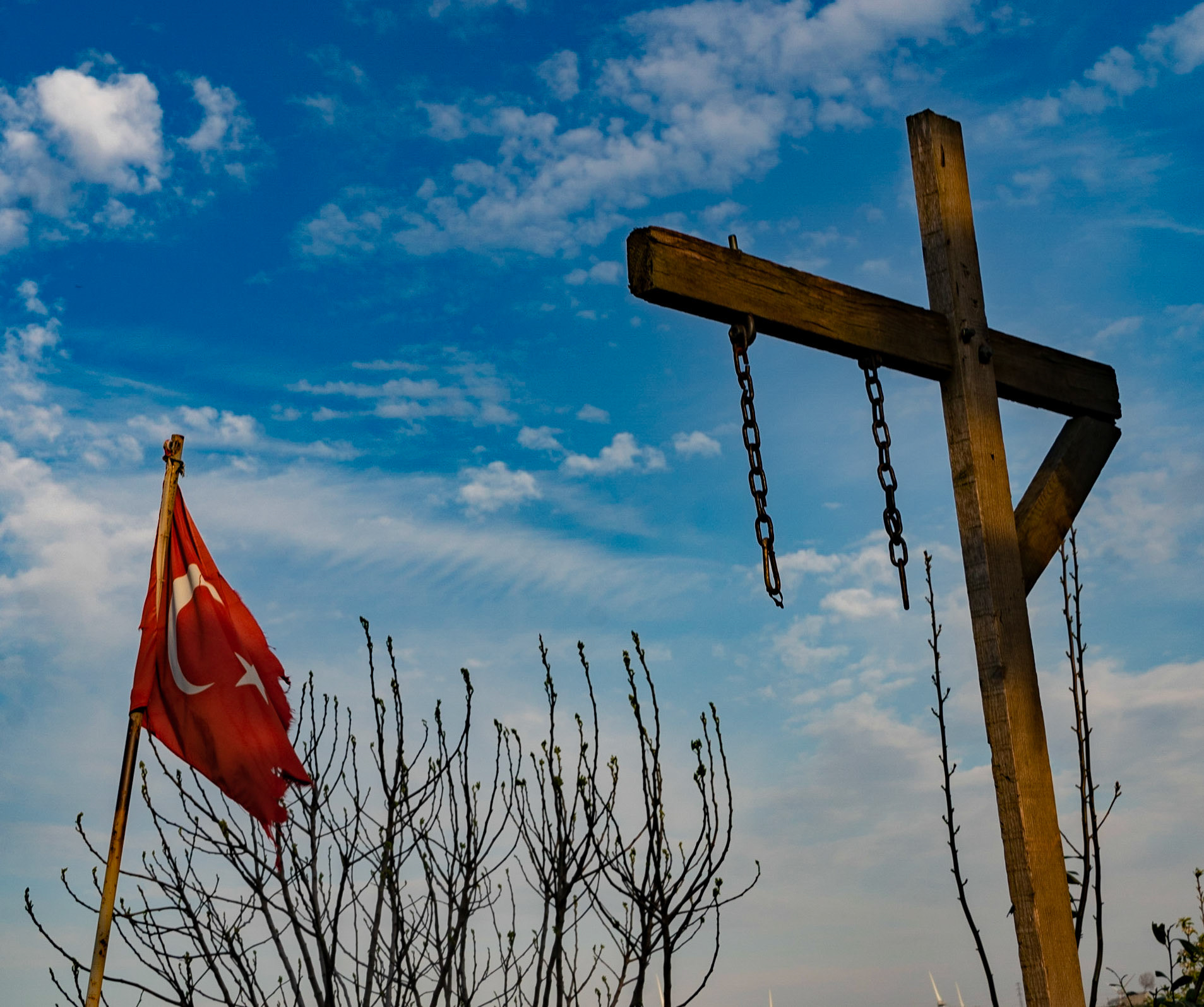 Germe: a signless signpost cum gibbet, and a tattered Turkish flag