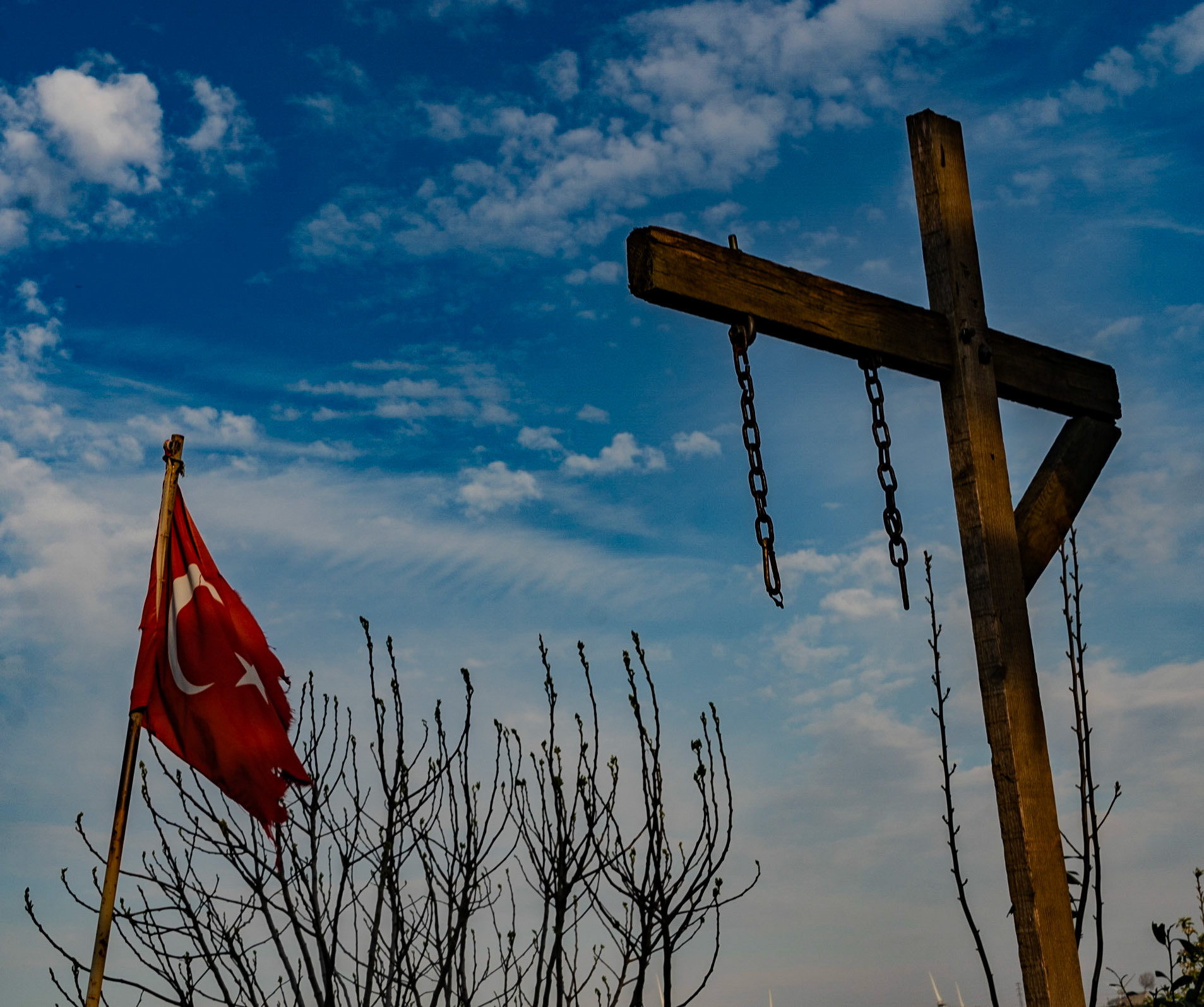 Germe: a signless signpost cum gibbet, and a tattered Turkish flag