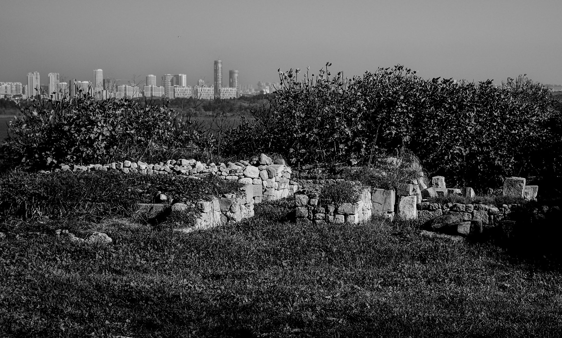 Bathonea south: ancient walls with Bosphorus City in the background (across the other side of Küçükçekmece lake)