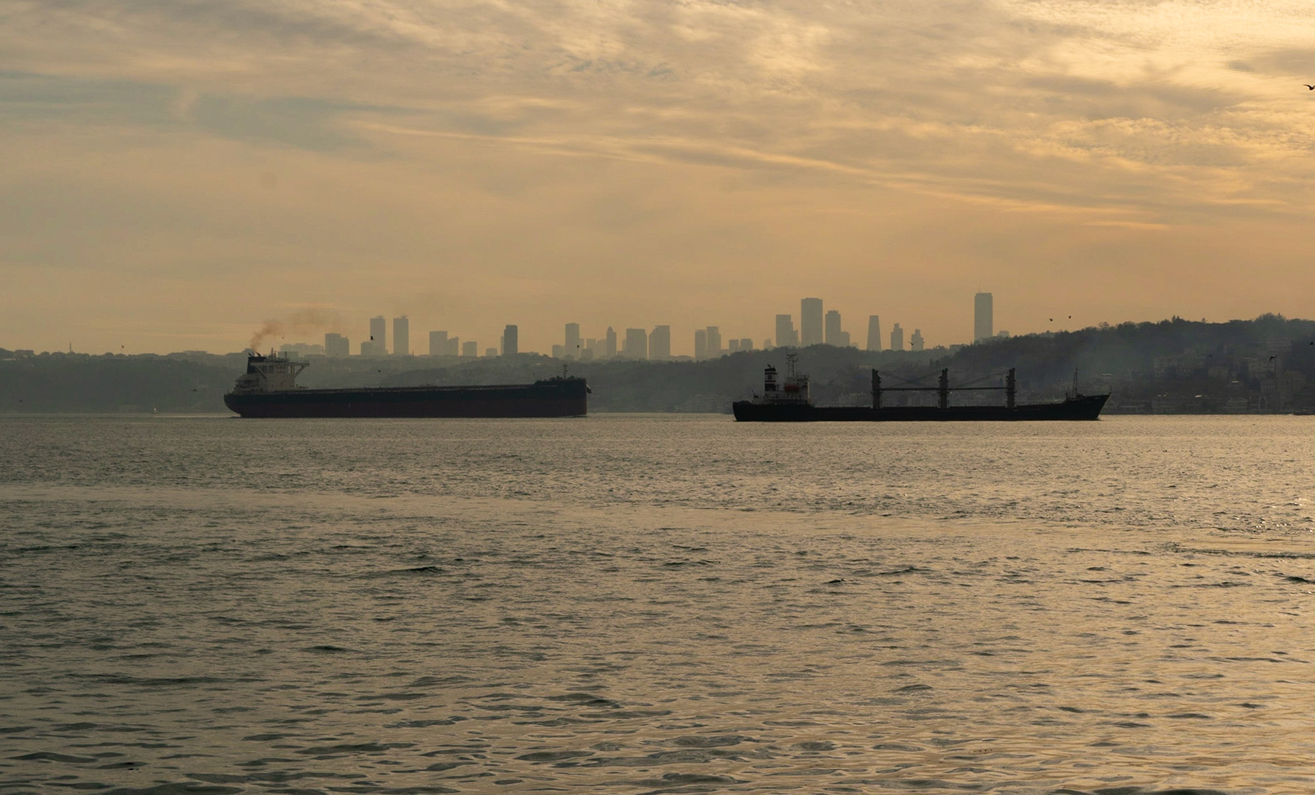Beykoz: ships on the Bosphorus with Maslak behind