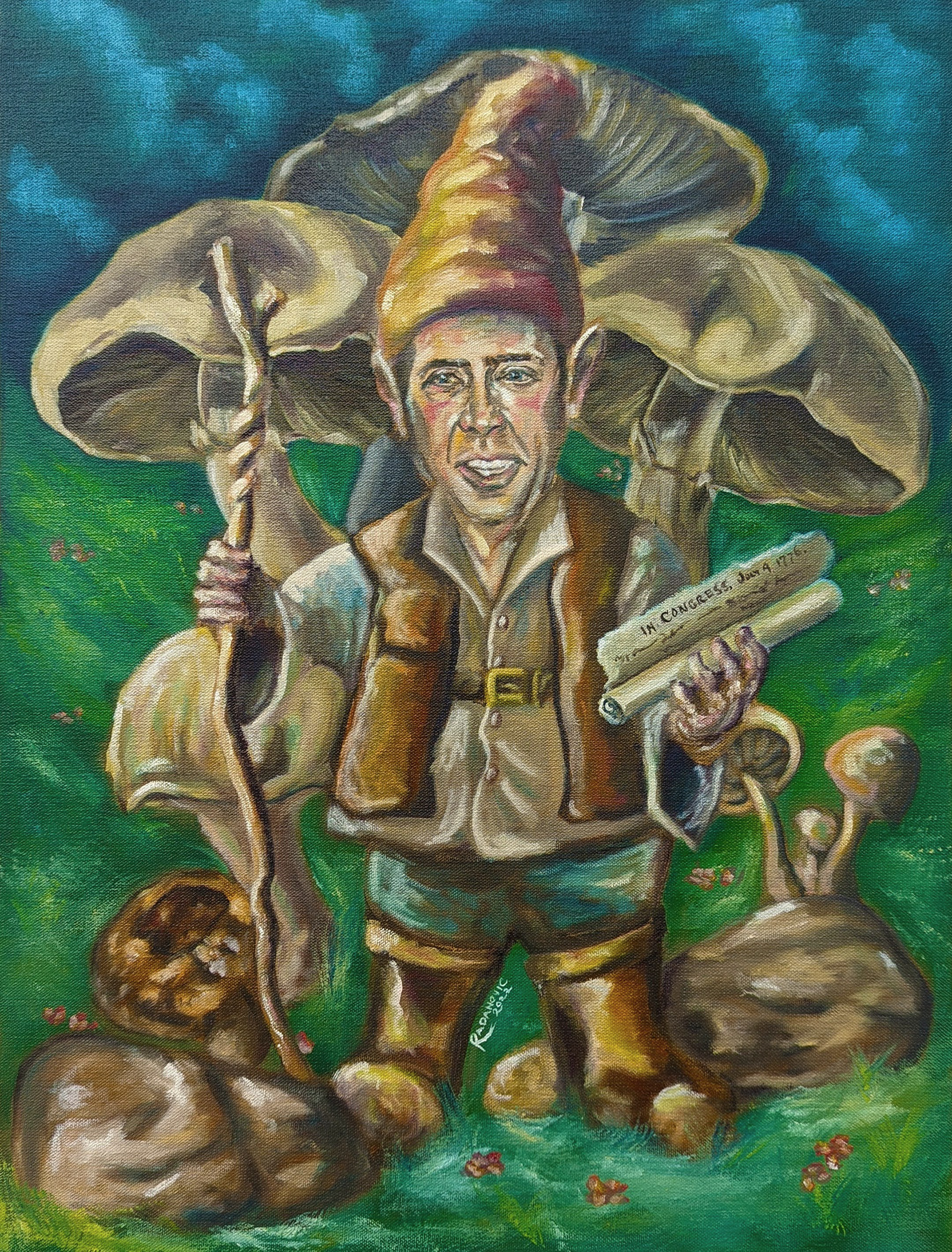 "Gnomolas Cage Steals the Declaration," 2022. Oil on canvas.