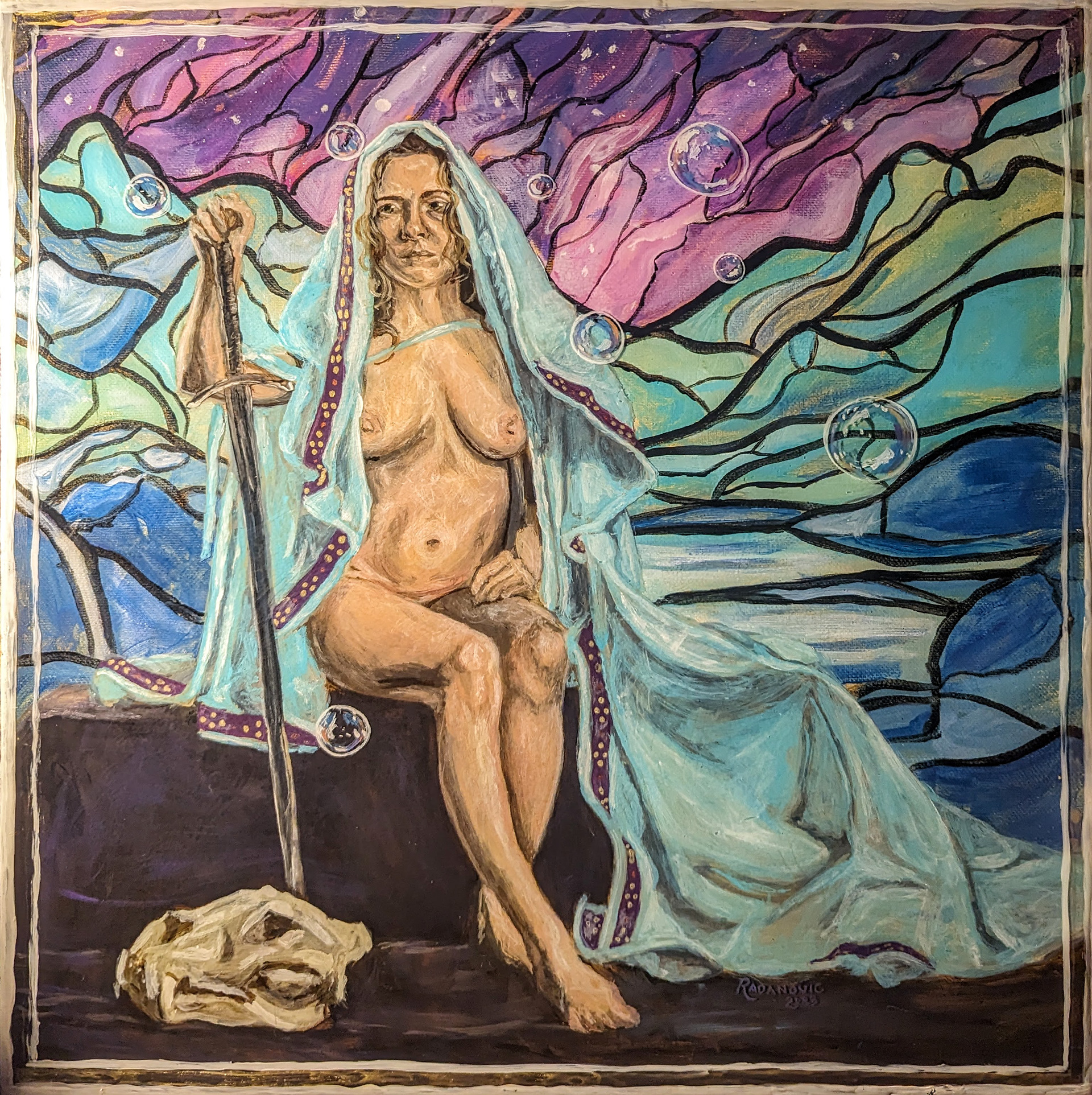 "Cloaked Woman," 2023. Acrylic and epoxy on recycled panel.