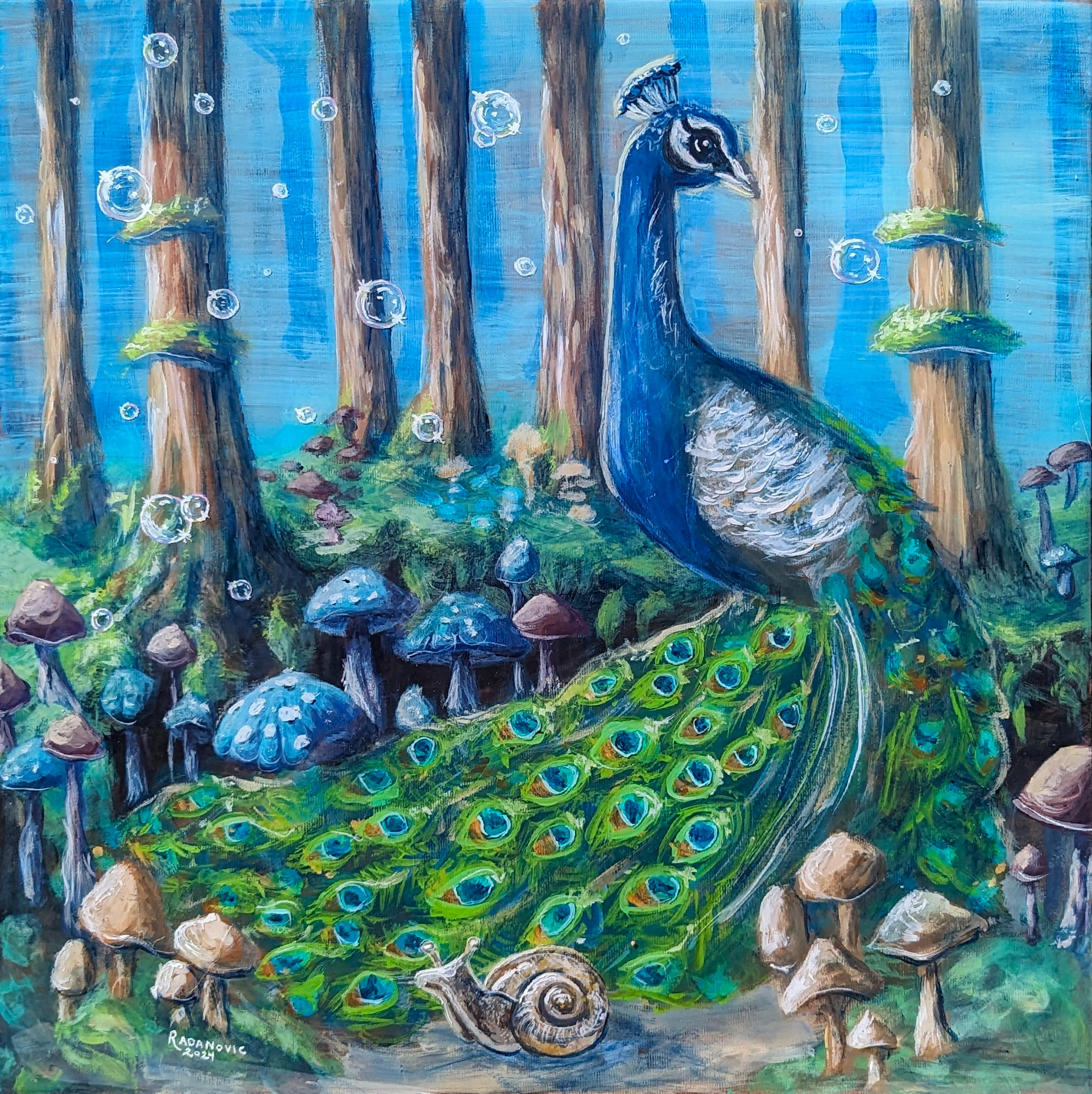 "Peacock," 2024. Acrylic and epoxy on recycled panel.