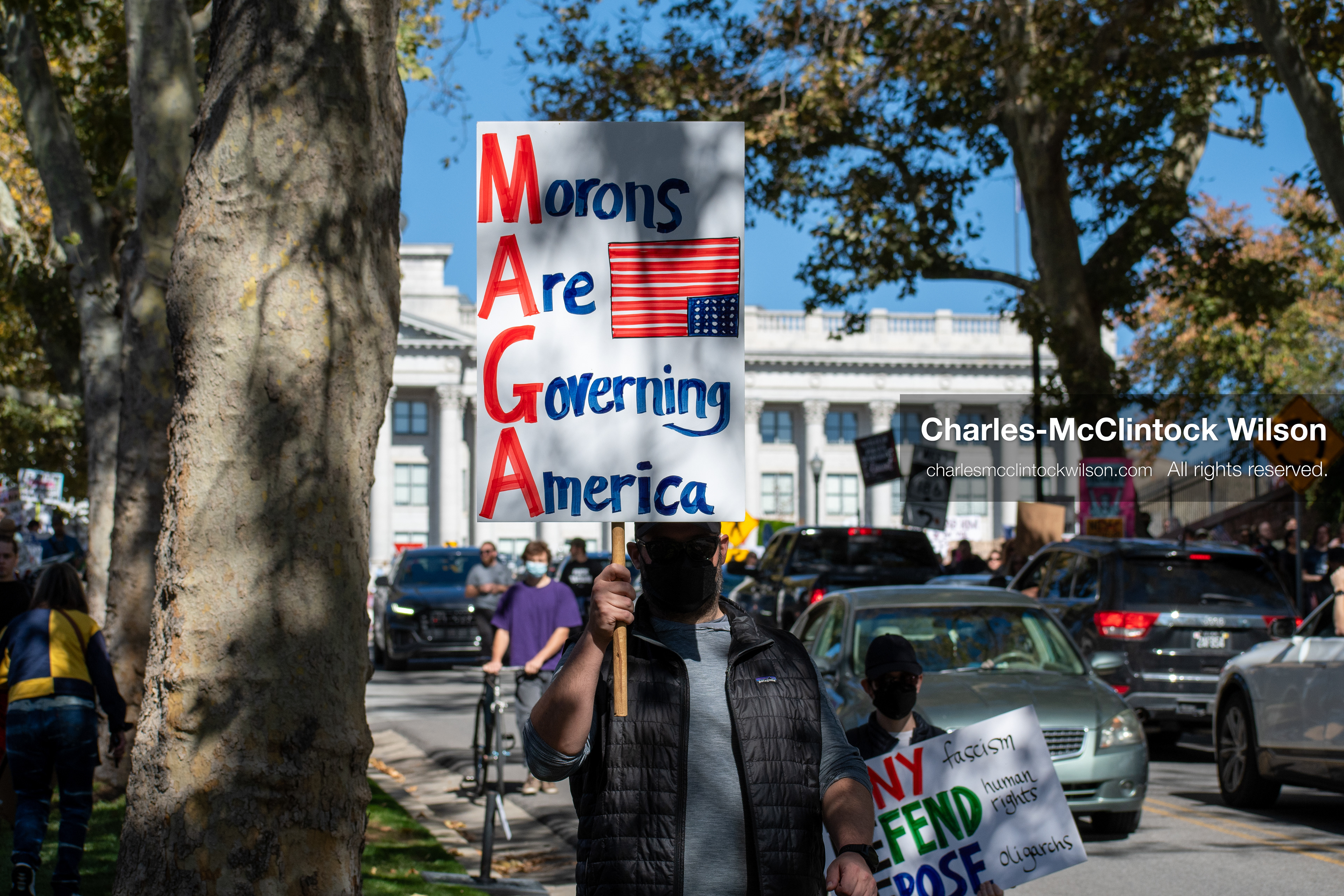October 18, 2025, Salt Lake City, Utah, USA: Demonstrators march along South State Street during a "No Kings" protest in Salt Lake City, Utah. The protest was part of a nationwide mobilization.