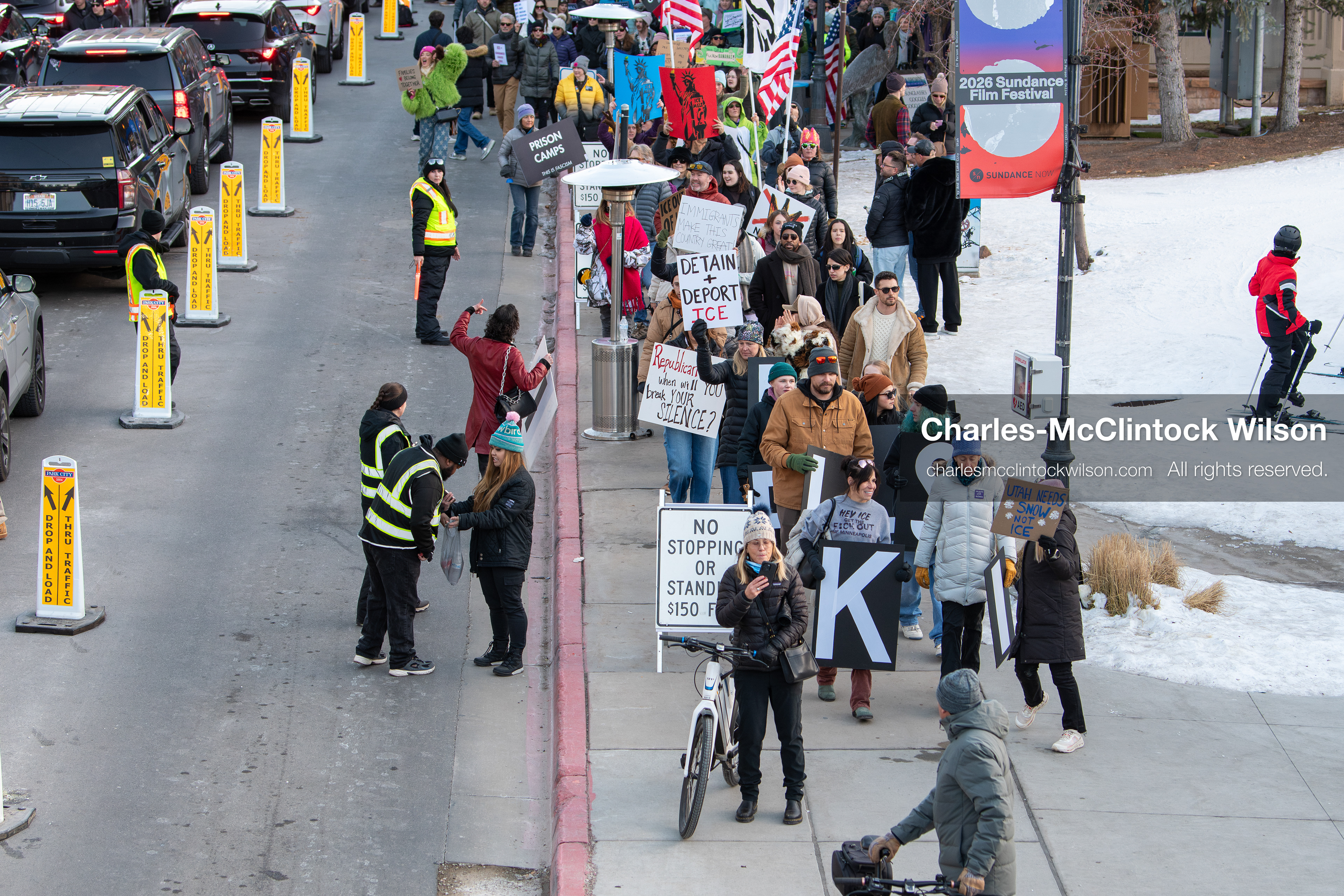 January 26, 2026, Park City, Utah, USA: Demonstrators march through Main Street holding signs during a protest opposing U.S. Immigration and Customs Enforcement (I.C.E.) ICE agents at the Sundance Film Festival in Park City, Utah, on Monday, Jan. 26, 2026. The event was held in response to the fatal shooting of Alex Pretti by a U.S. Border Patrol officer in Minneapolis. (Credit Image: © Charles McClintock Wilson/ZUMA Press Wire)