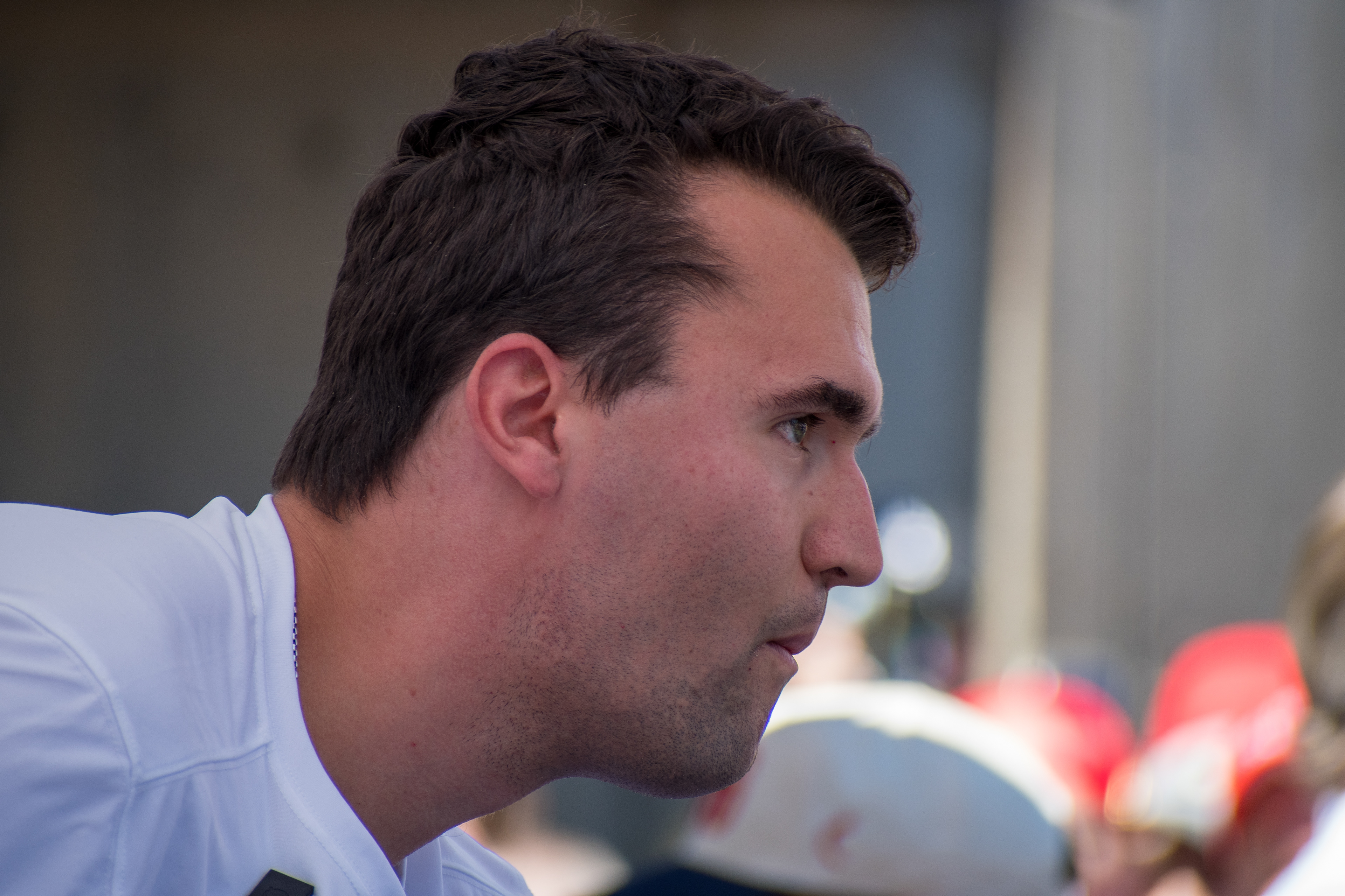 OREM, UTAH – SEPTEMBER 10, 2025: Charlie Kirk appears focused and resolute during a public event at Utah Valley University. Captured in a moment of quiet intensity, Kirk looks off-camera as media lenses track his movements. The image reflects the tension and conviction that defined his final public appearance before the shooting incident that disrupted the event. © Charles-McClintock Wilson / ZUMA Press 